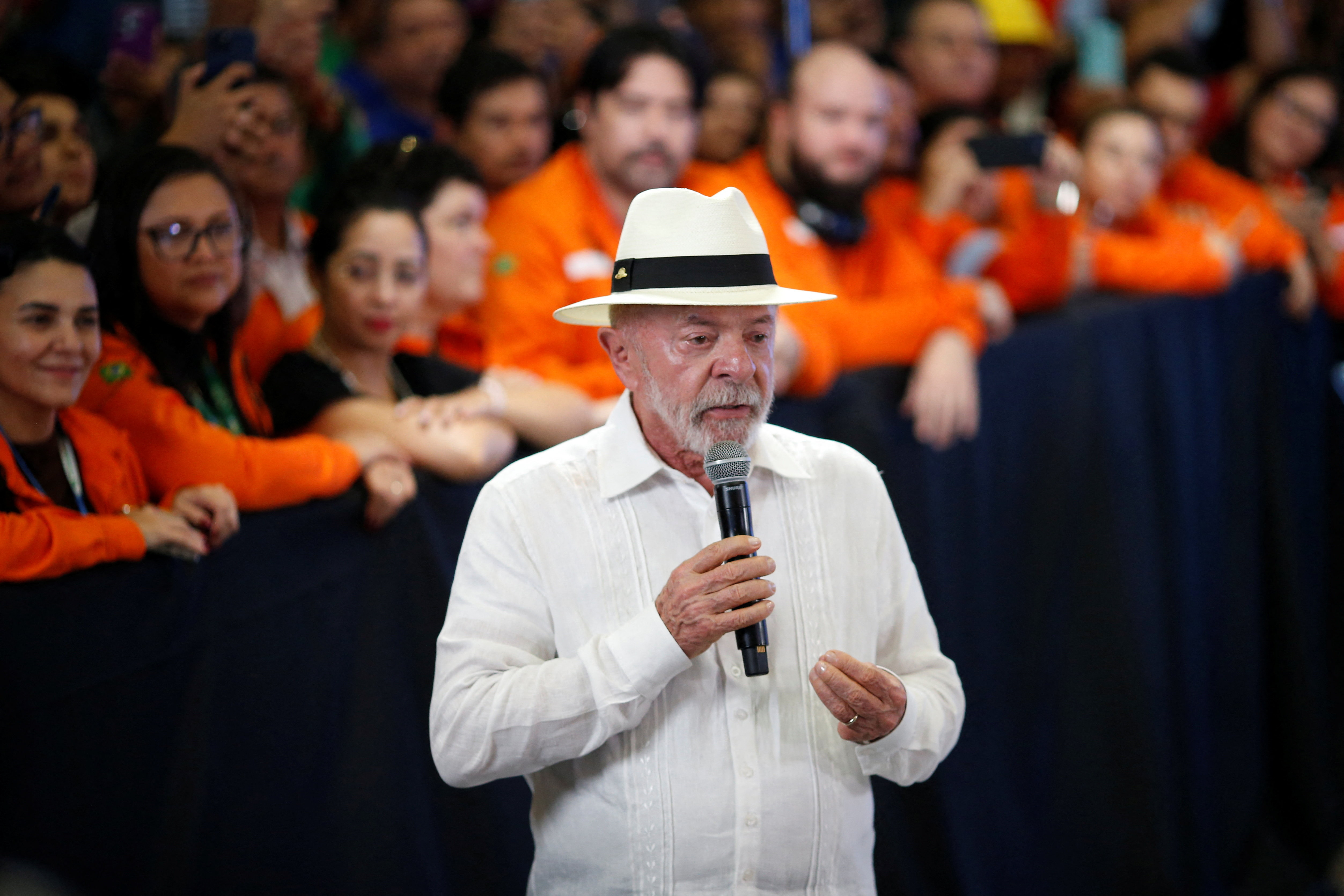 Brazil’s President Luiz Inacio Lula da Silva speaks during his visit to the Bertolini shipyard in Manaus, Brazil May 27, 2026. REUTERS/Suamy Beydoun