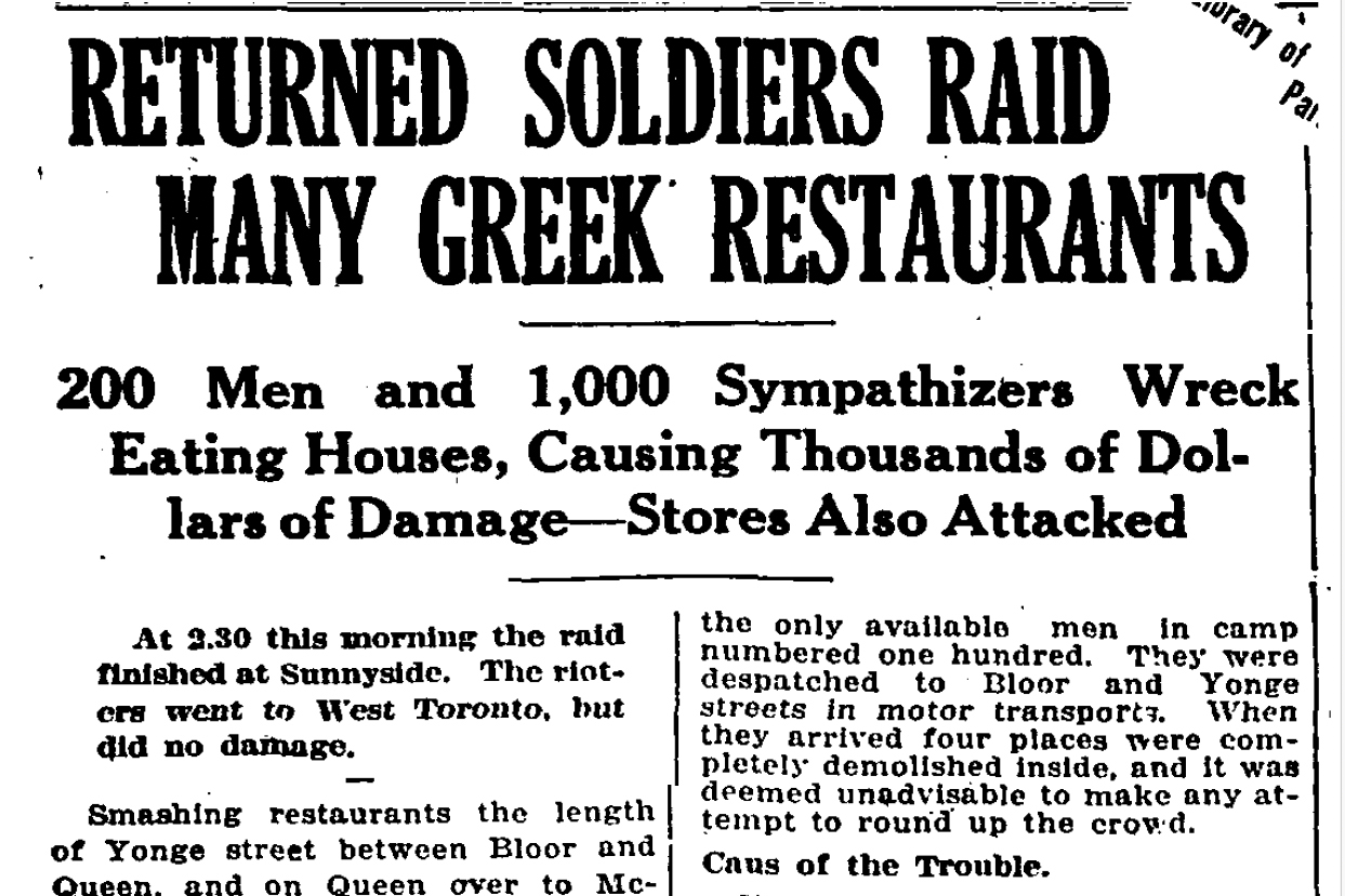 A 1918 headline in the Globe and Mail newspaper in Canada about anti-Greek riots in Toronto