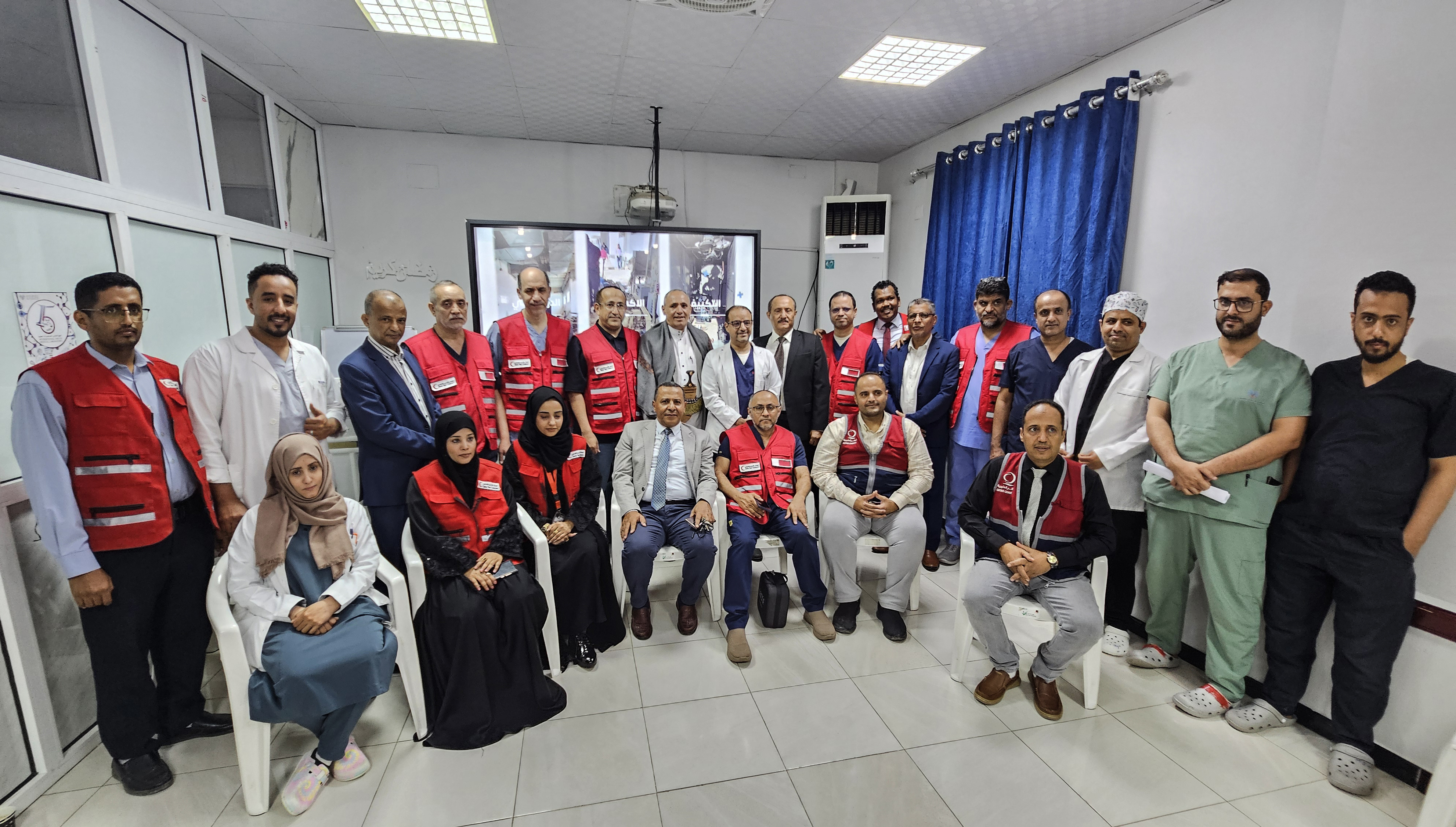 The joint Yemeni-Qatari team for pediatric cardiac catheterization and surgery performed on 110 children in Taiz, with support from Qatar Charity and the Qatar Red Crescent (May 16-21) [Abdulhakim Helal/Al Jazeera]
