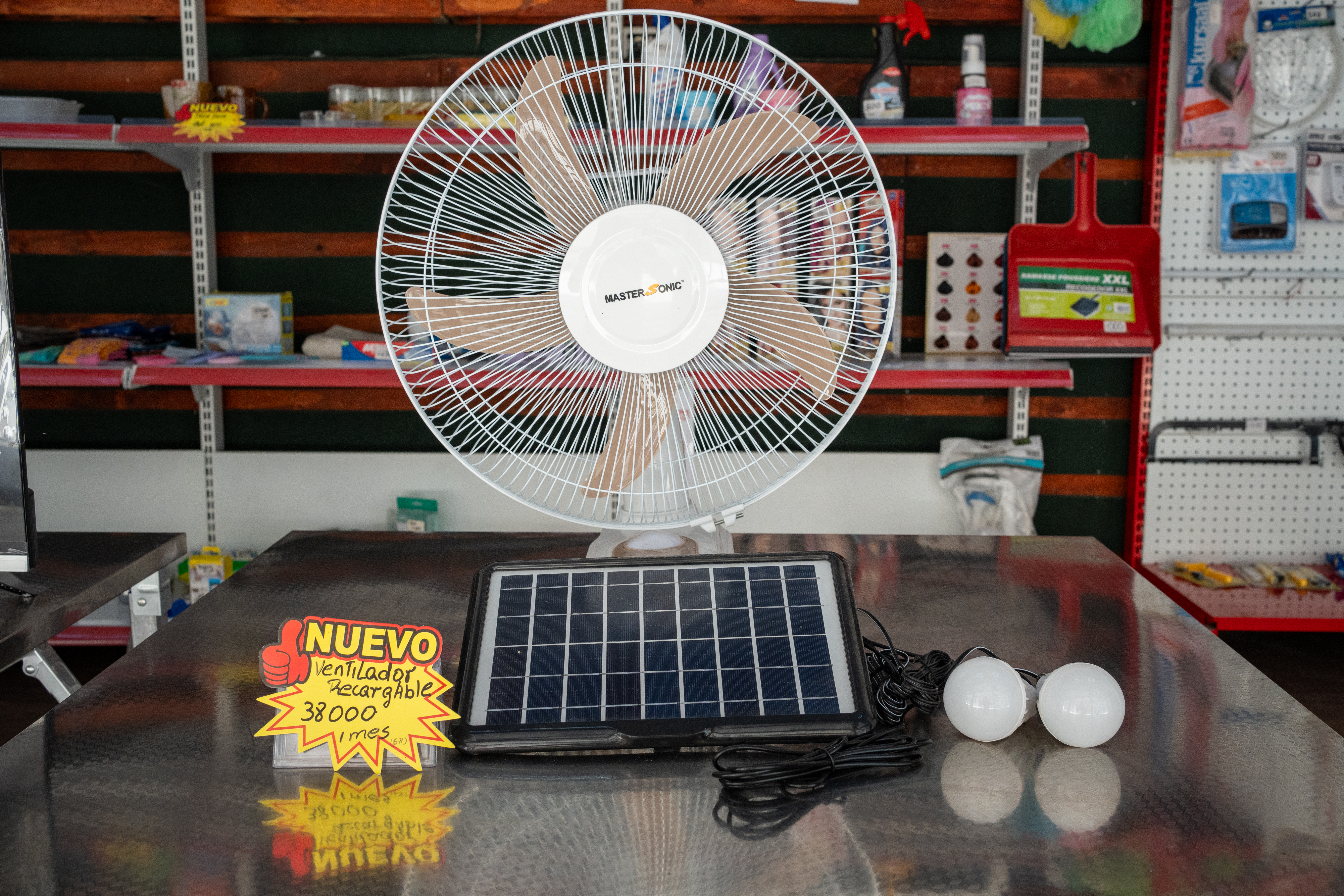 A solar-powered fan is displayed for sale in a store in Havana Vieja as Cubans seek alternatives to cope with frequent power outages.