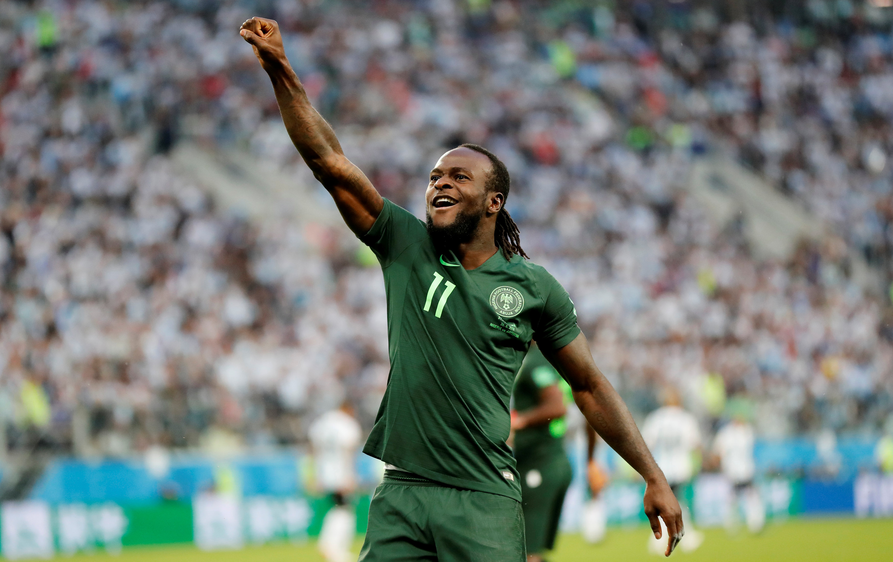 Nigeria’s Victor Moses celebrates scoring against Argentina at Russia 2018