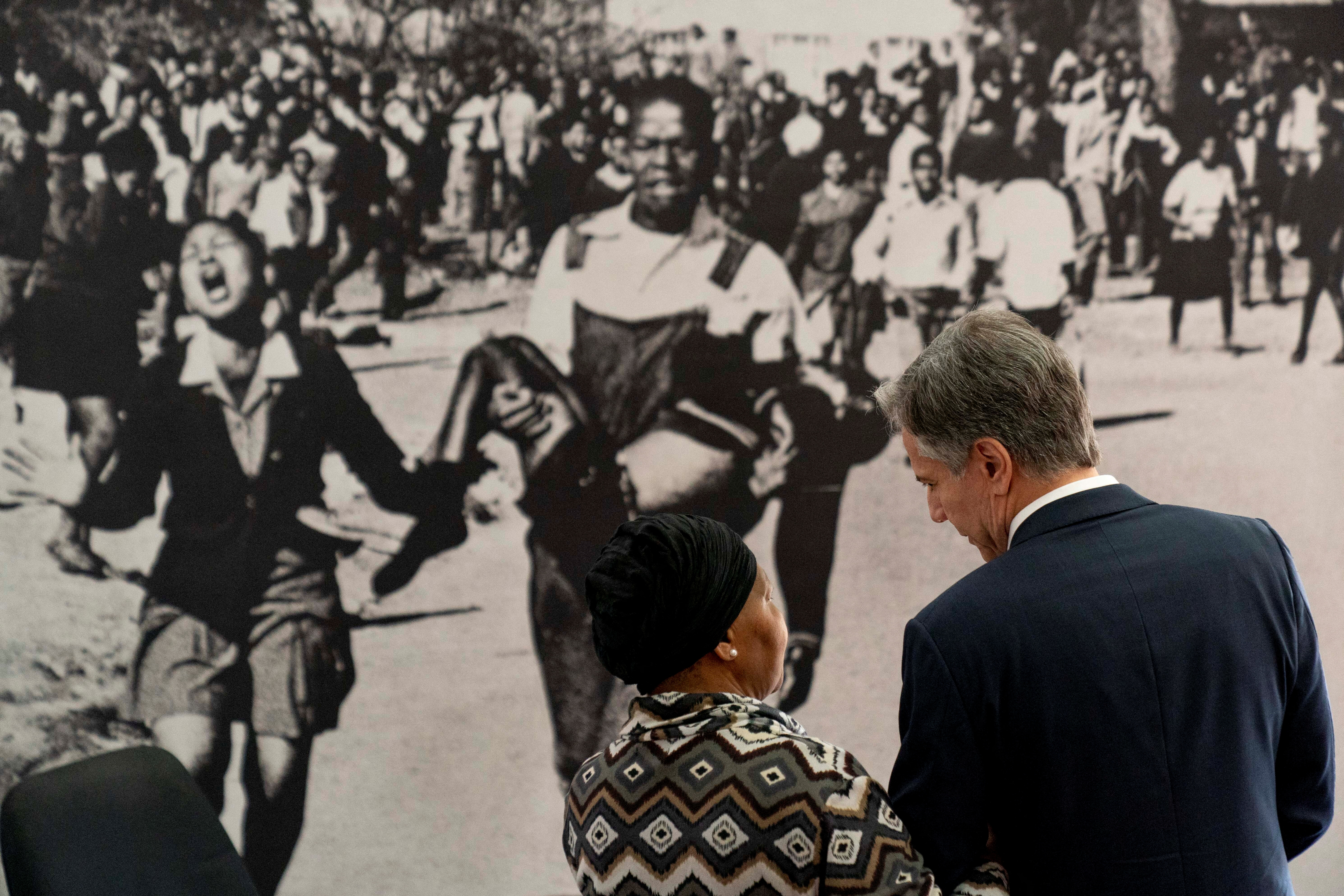 Then-US Secretary of State Antony Blinken and Antoinette Sithole, the sister of the late Hector Pieterson, tour the Hector Pieterson Memorial in Soweto, South Africa, August 7, 2022