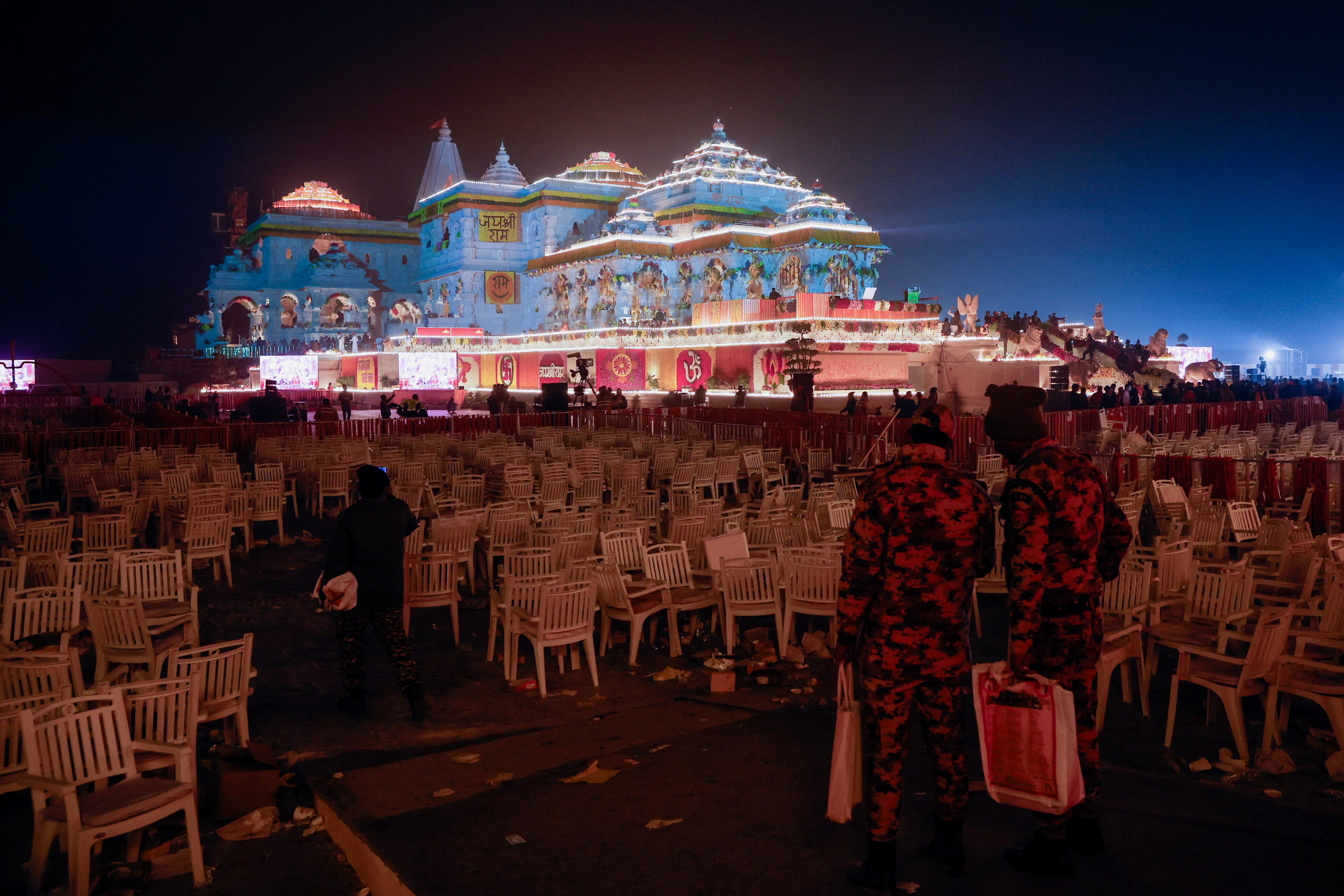 The Ram Temple is illuminated after its inauguration in Ayodhya on January 22, 2024.