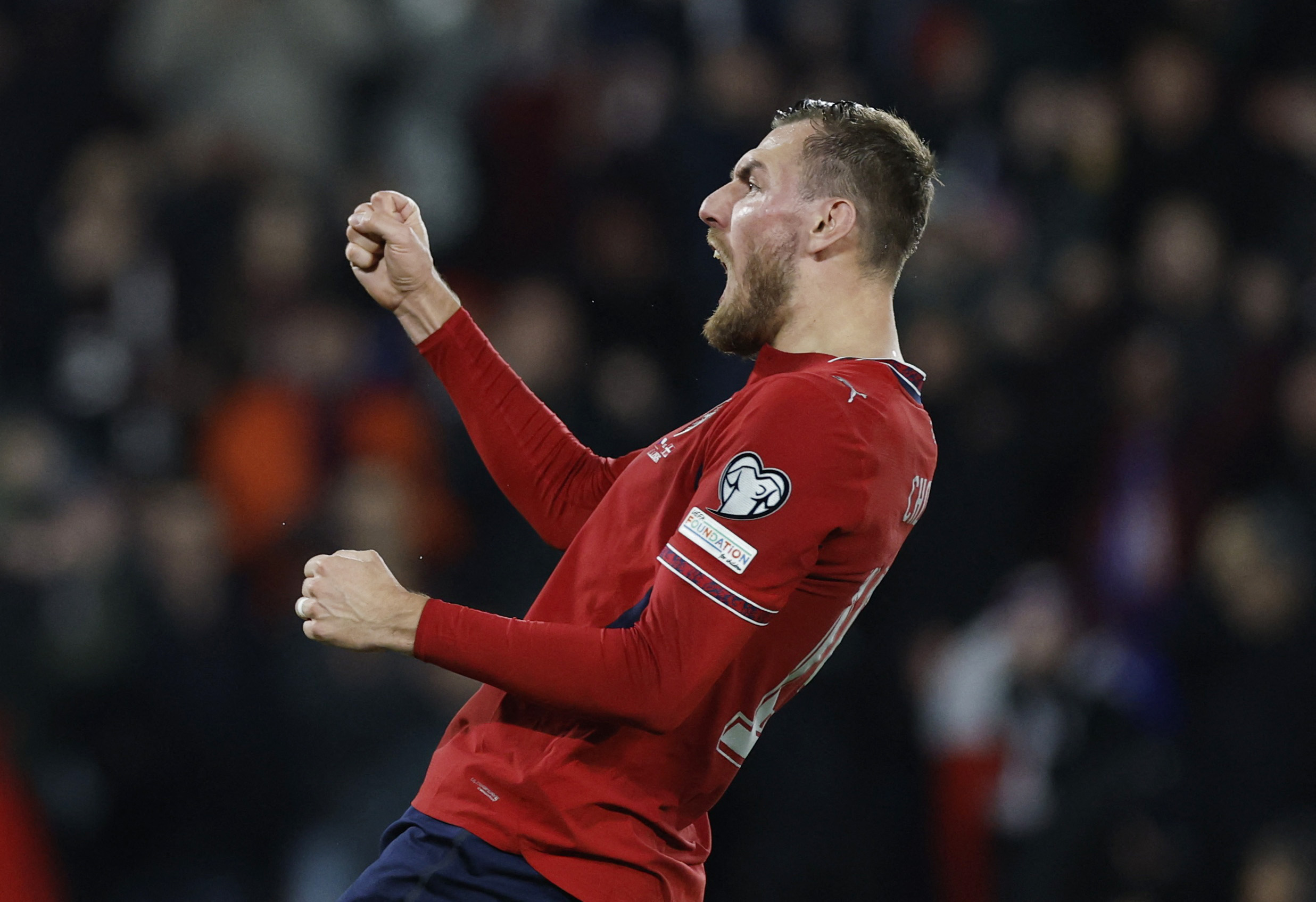 Soccer Football - FIFA World Cup - UEFA Qualifiers - Finals - Czech Republic v Denmark - epet ARENA, Prague, Czech Republic - March 31, 2026 Czech Republic's Tomas Chory celebrates scoring a penalty during the penalty shootout REUTERS/David W Cerny