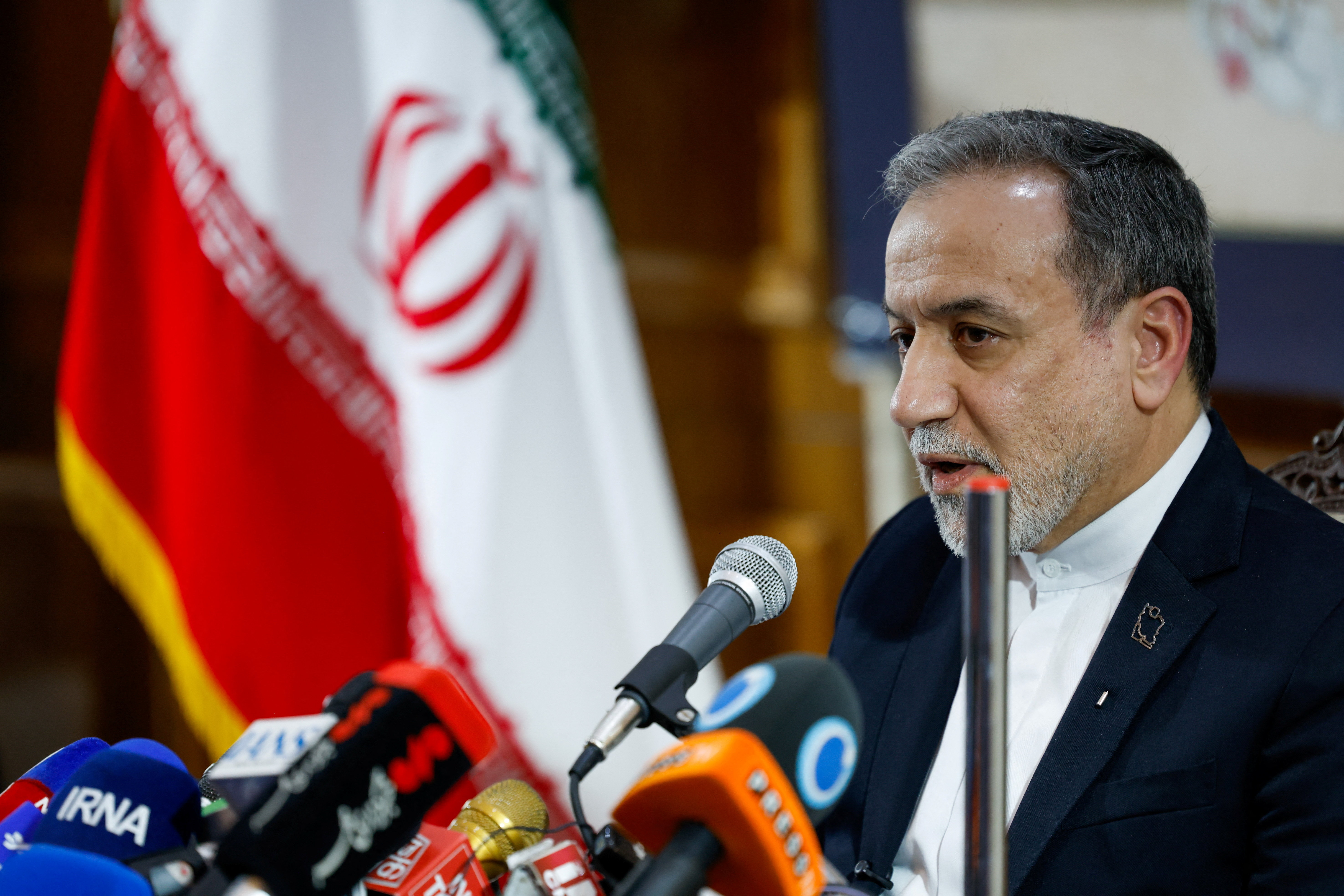 Iran's Foreign Minister Abbas Araqchi attends a press conference at the Iranian embassy in New Delhi, India, May 15, 2026.