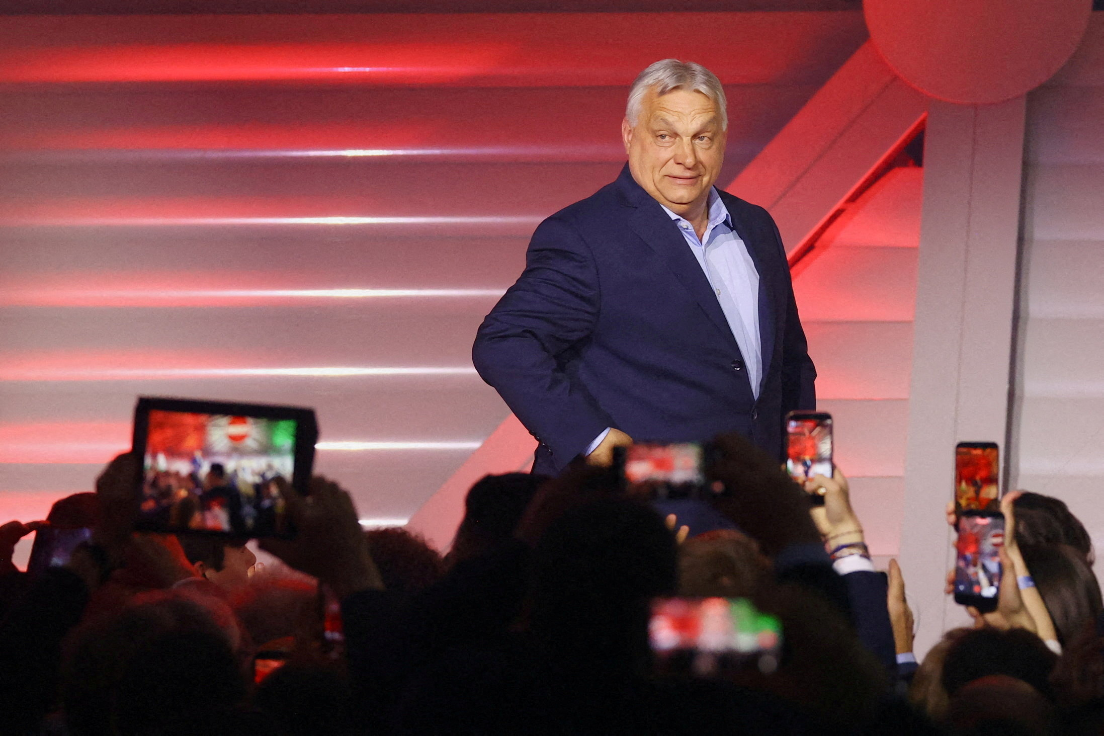 Hungarian Prime Minister Viktor Orban arrives to address supporters after the announcement of the partial results of parliamentary election in Budapest, Hungary on April 12, 2026.