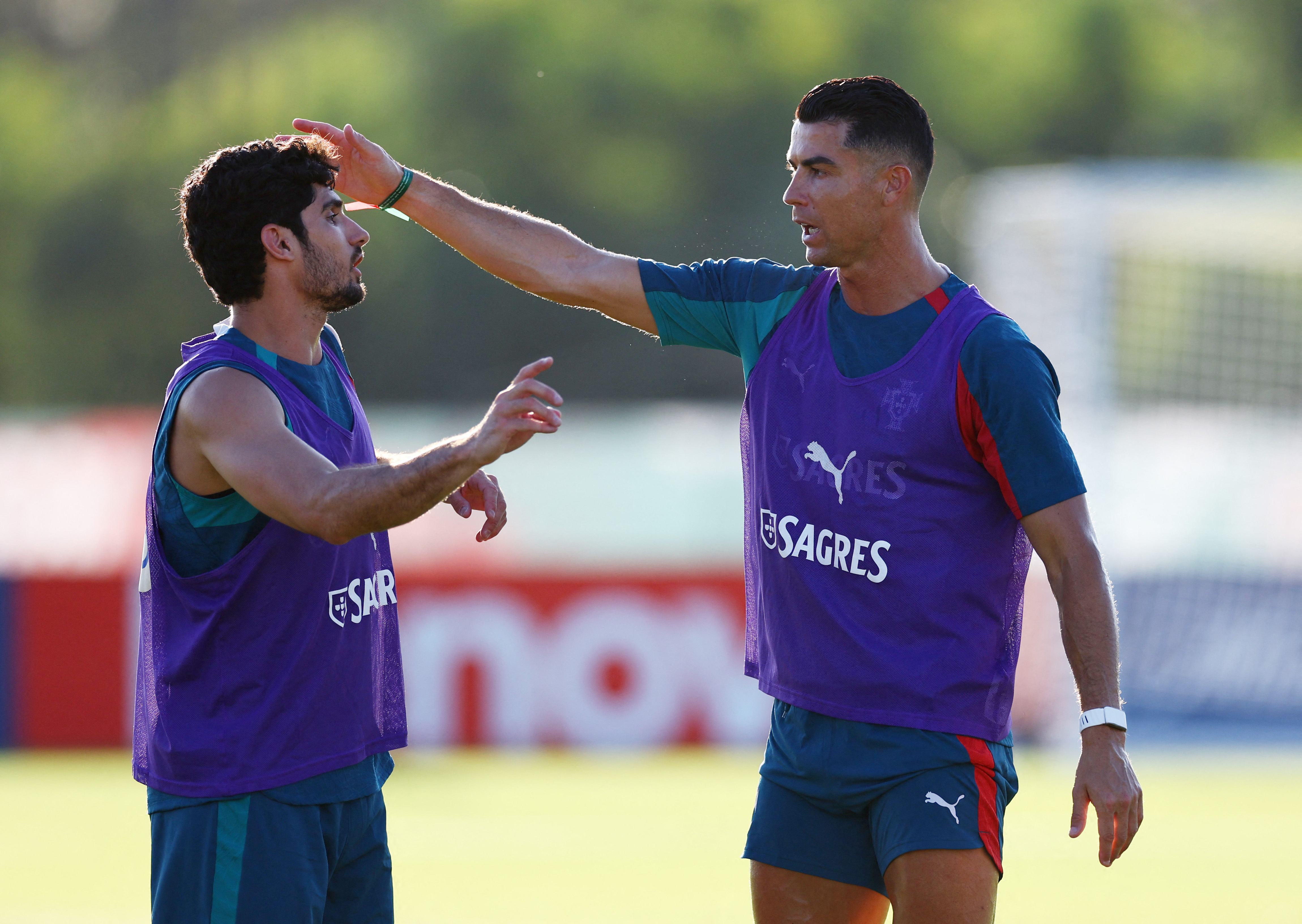 Portugal's Cristiano Ronaldo and Goncalo Guedes during training