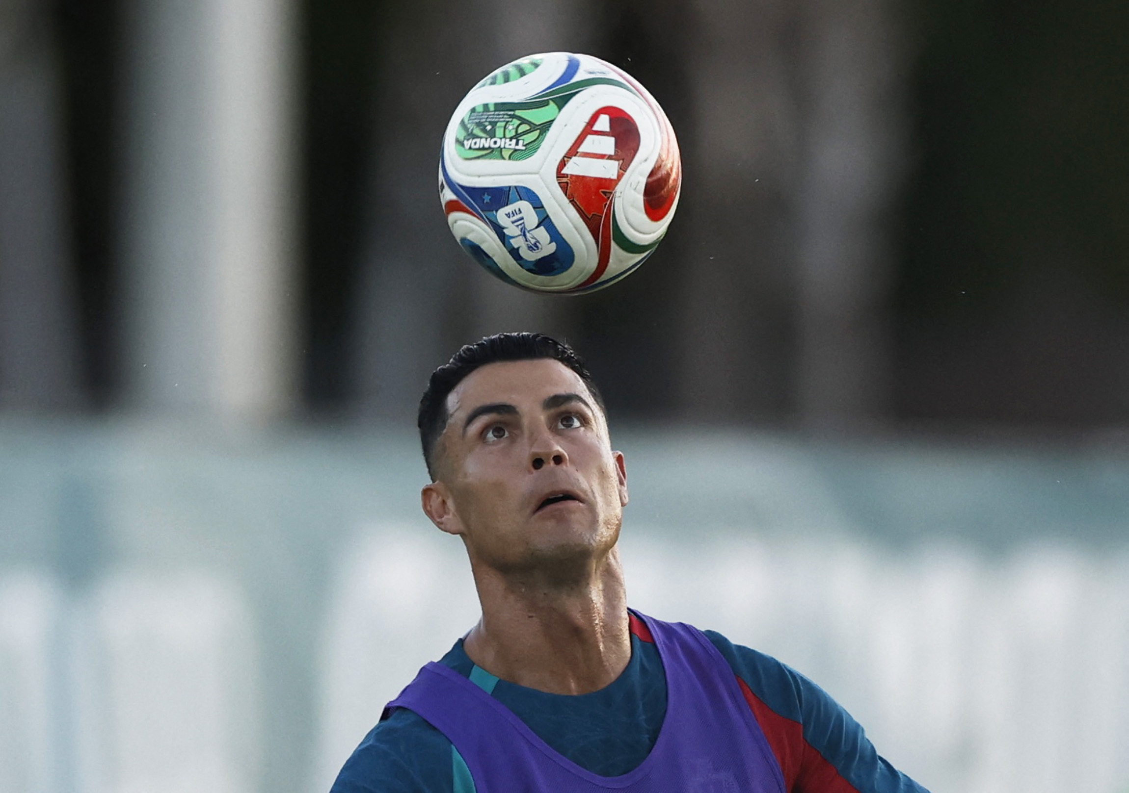 Cristiano Ronaldo bounces a World Cup 2026 ball on his head during Portugal training.