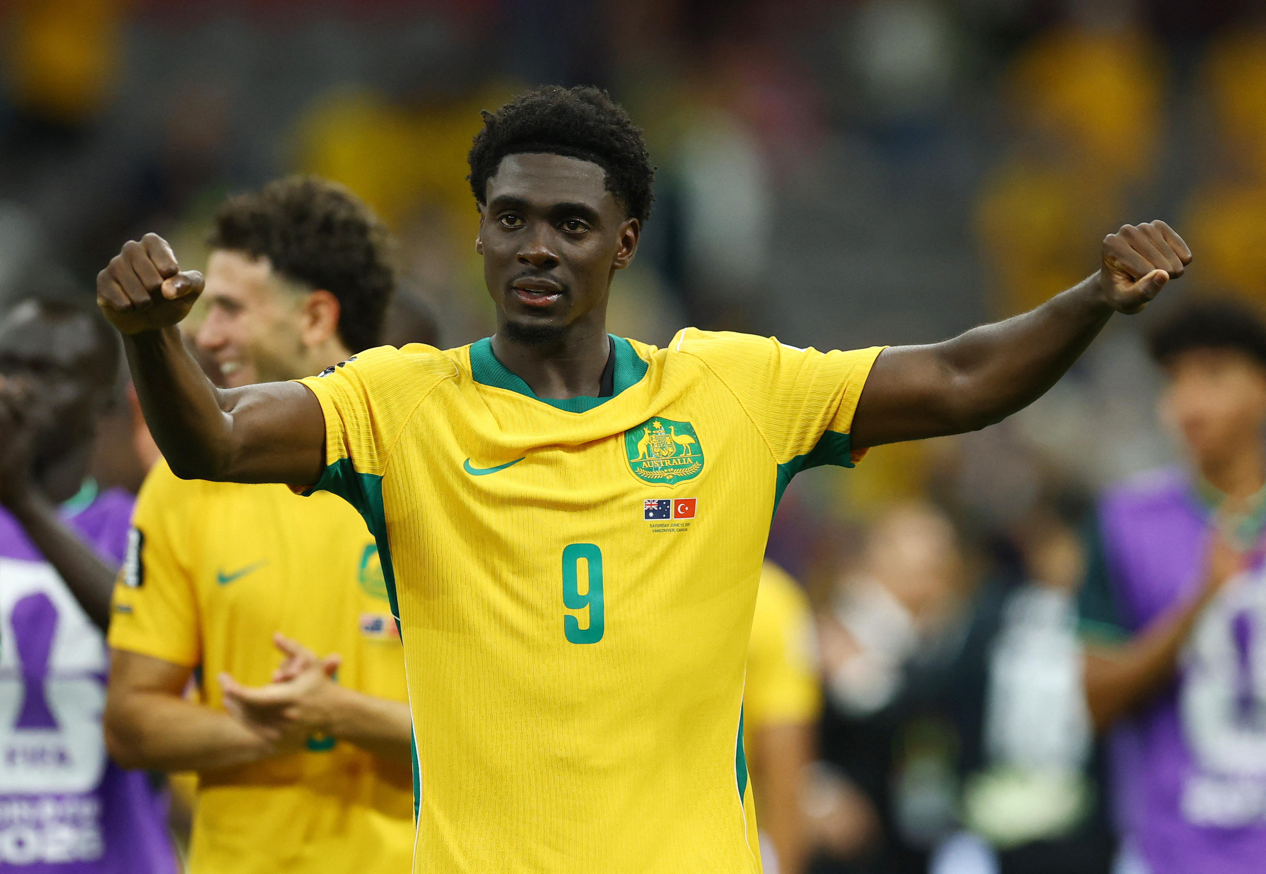Australia’s Mohamed Toure celebrates after the group-stage match against Turkiye