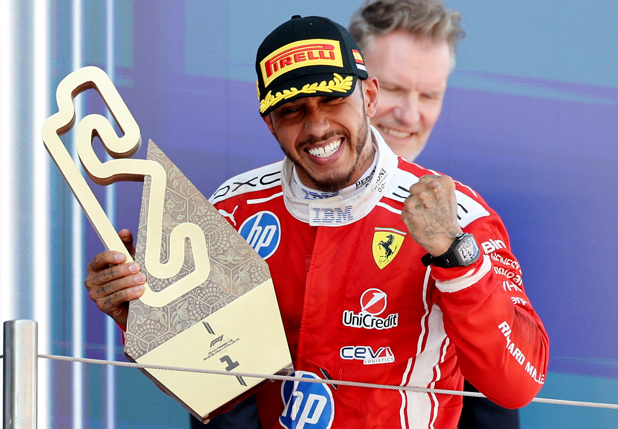 Lewis Hamilton reacts.