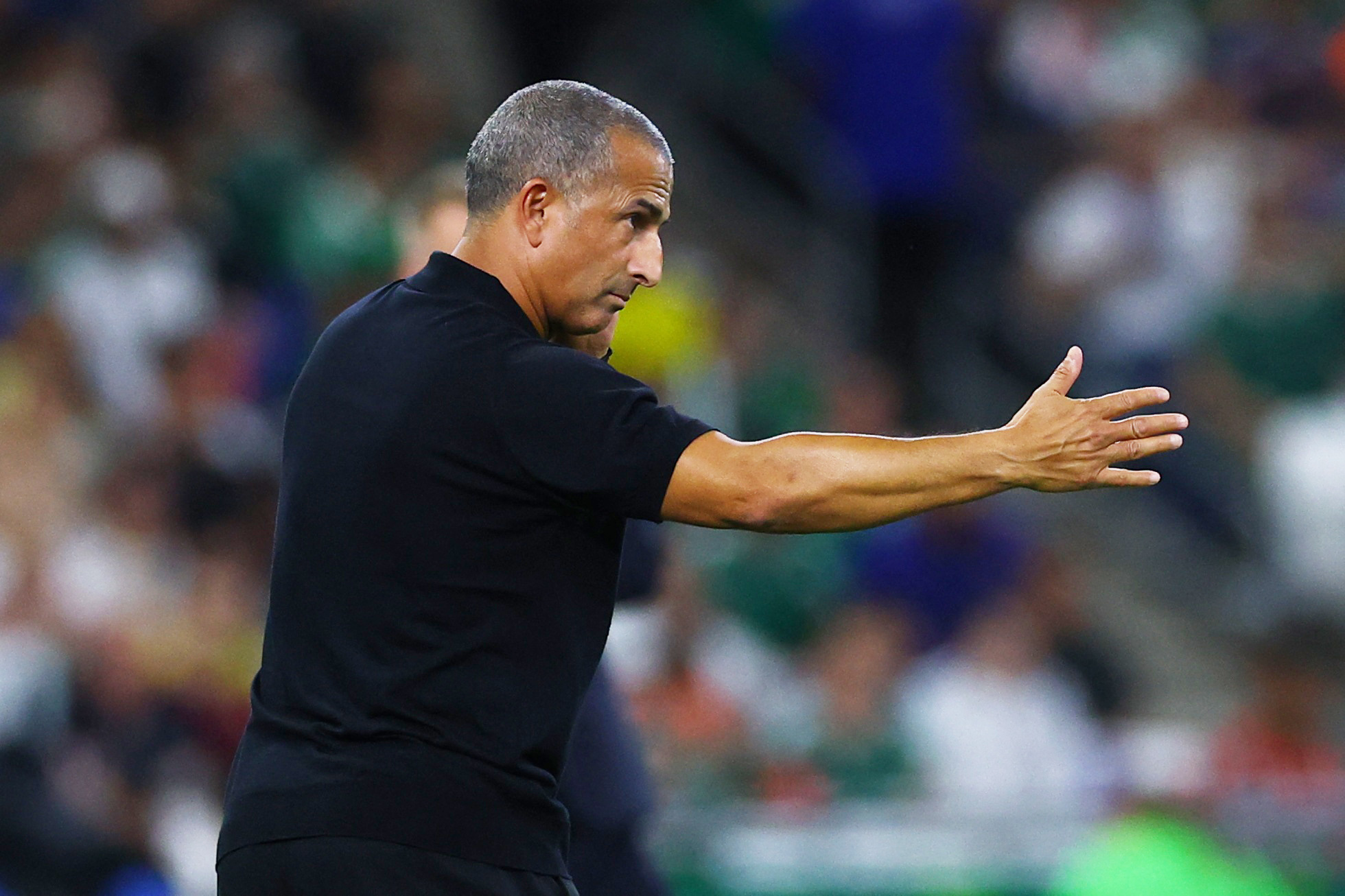 Sabri Lamouchi gestures with his arm on the Tunisia sideline during defeat to Sweden
