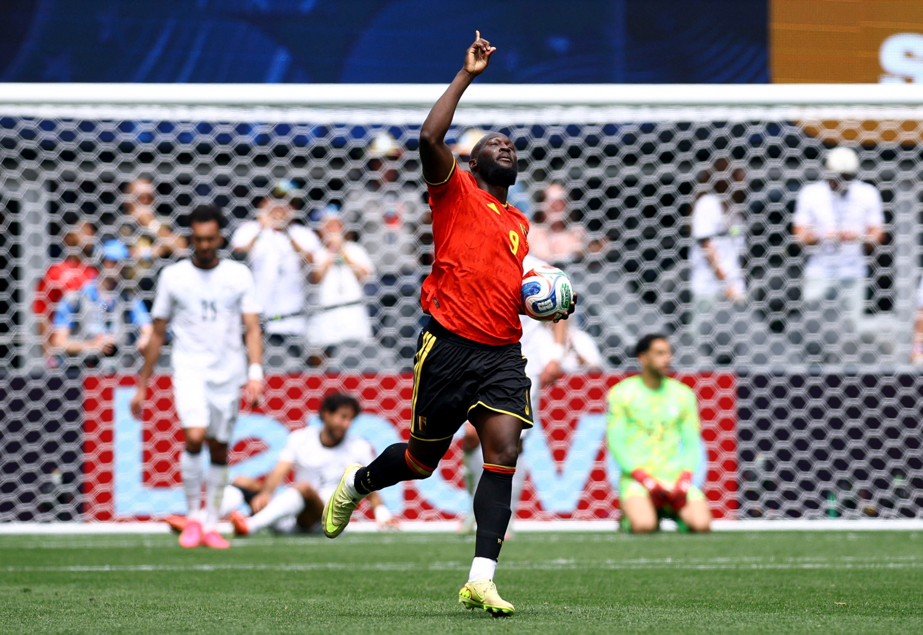 Belgium's Romelu Lukaku celebrates their first goal, an own goal scored by Egypt's Mohamed Hany