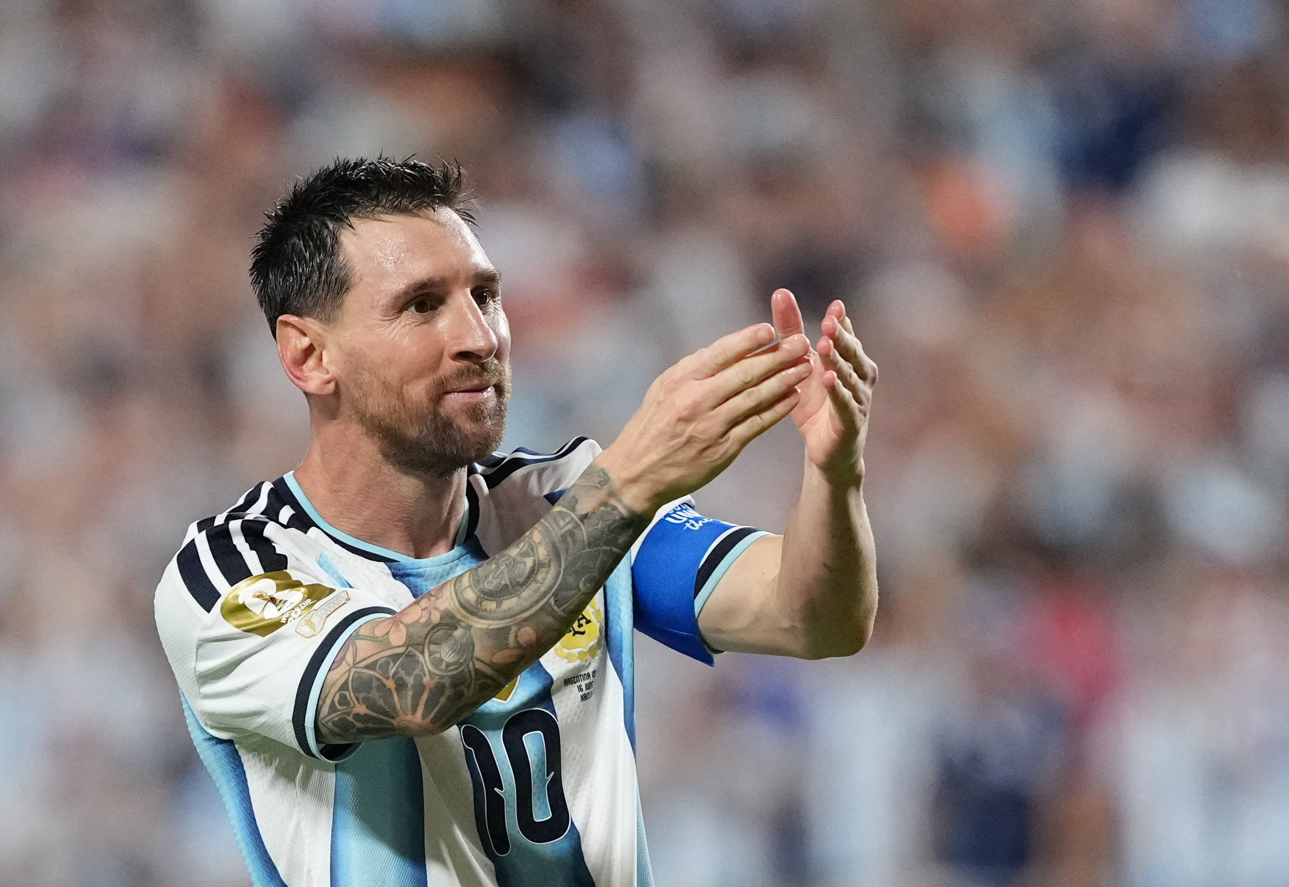Soccer Football - FIFA World Cup 2026 - Group J - Argentina v Algeria - Kansas City Stadium, Kansas City, Missouri, U.S. - June 16, 2026 Argentina's Lionel Messi celebrates scoring their third goal to complete a hat-trick IMAGN IMAGES via Reuters/Jay Biggerstaff