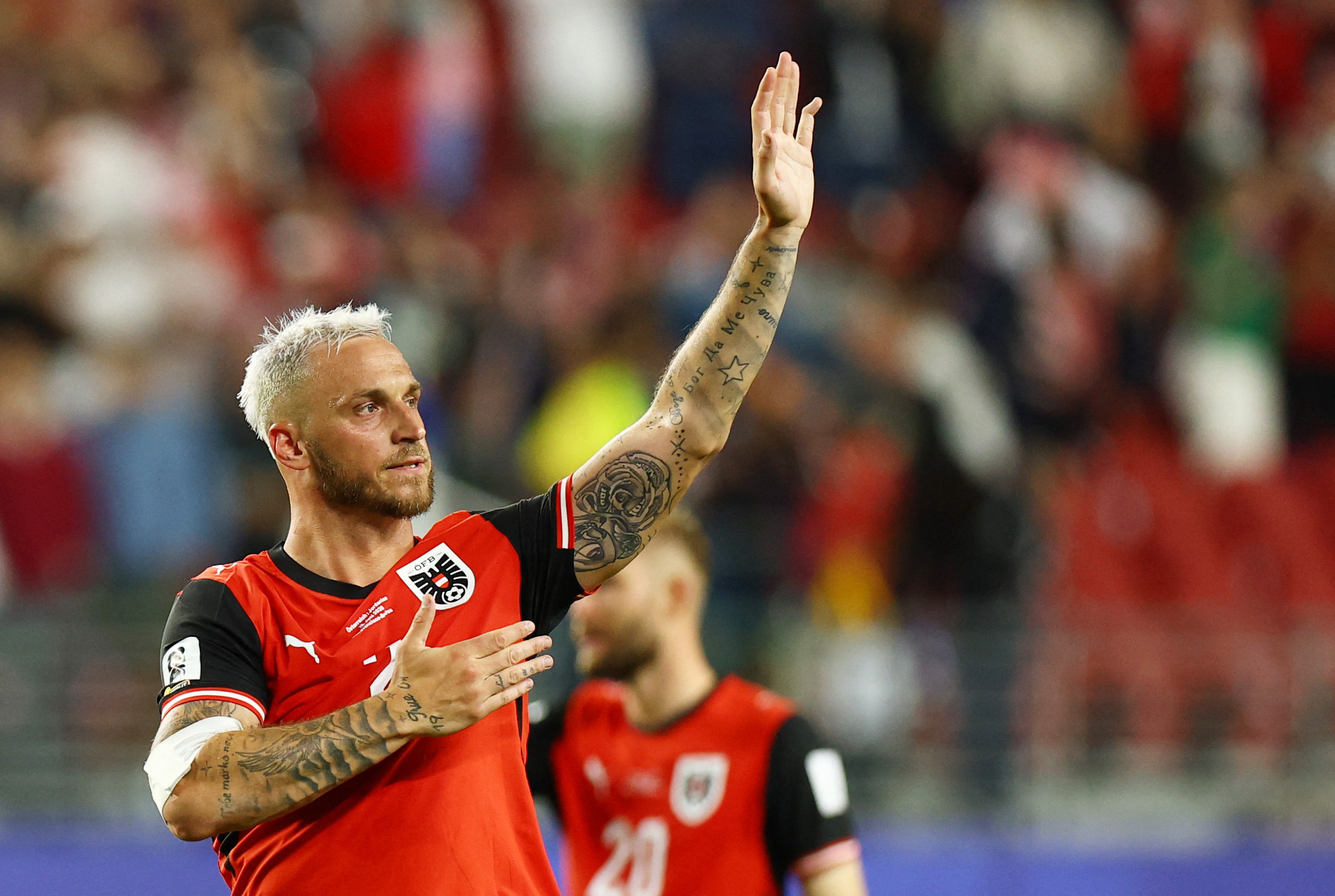 Austria’s Marko Arnautovic celebrates after scoring against Jordan