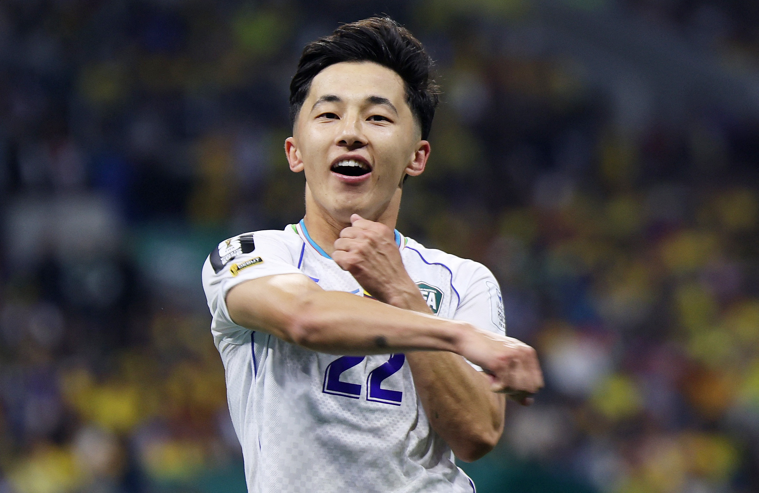 Soccer Football - FIFA World Cup 2026 - Group K - Uzbekistan v Colombia - Estadio Azteca, Mexico City, Mexico - June 17, 2026 Uzbekistan's Abbosbek Fayzullaev celebrates scoring their first goal REUTERS/Raquel Cunha