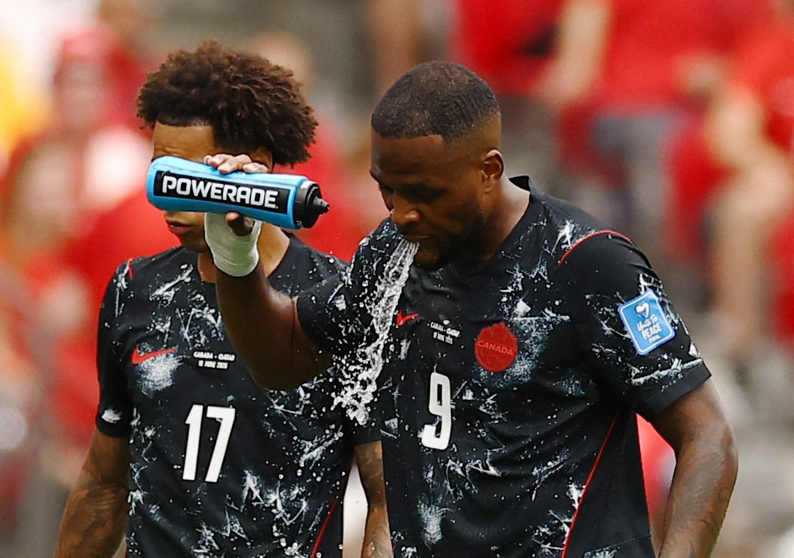 Soccer Football - FIFA World Cup 2026 - Group B - Canada v Qatar - BC Place, Vancouver, Canada - June 18, 2026 Canada's Cyle Larin takes a drink during a hydration break REUTERS/Agustin Marcarian