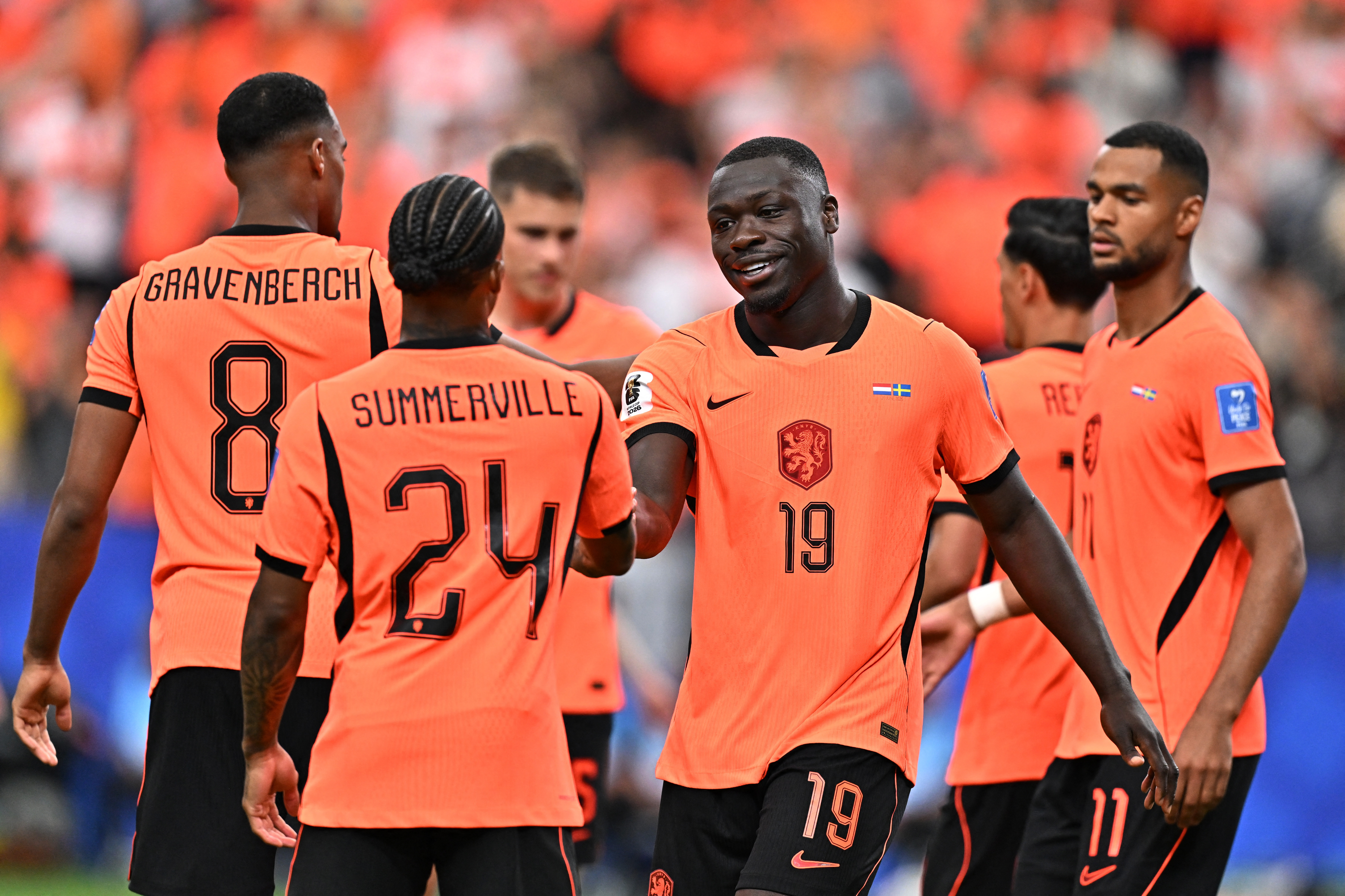 Soccer Football - FIFA World Cup 2026 - Group F - Netherlands v Sweden - Houston Stadium, Houston, Texas, U.S. - June 20, 2026 Netherlands' Cody Gakpo celebrates scoring their third goal with Crysencio Summerville and Brian Brobbey IMAGN IMAGES via Reuters/Maria Lysaker