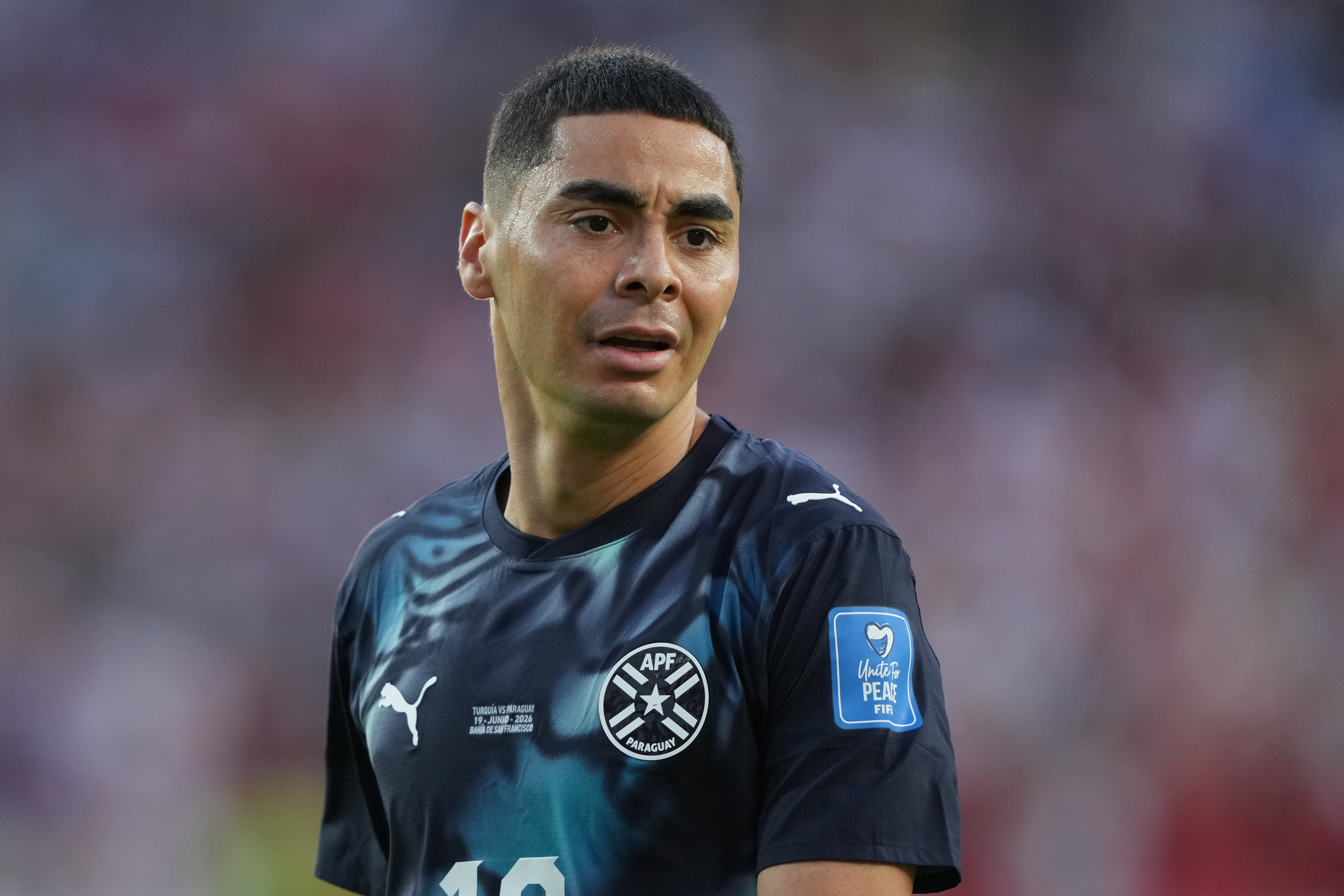 Jun 19, 2026; Santa Clara, California, USA; Paraguay midfielder Miguel Almiron (10) during a Group D match of the 2026 FIFA World Cup against Turkiye at San Francisco Bay Area Stadium. Mandatory Credit: Darren Yamashita-Imagn Images