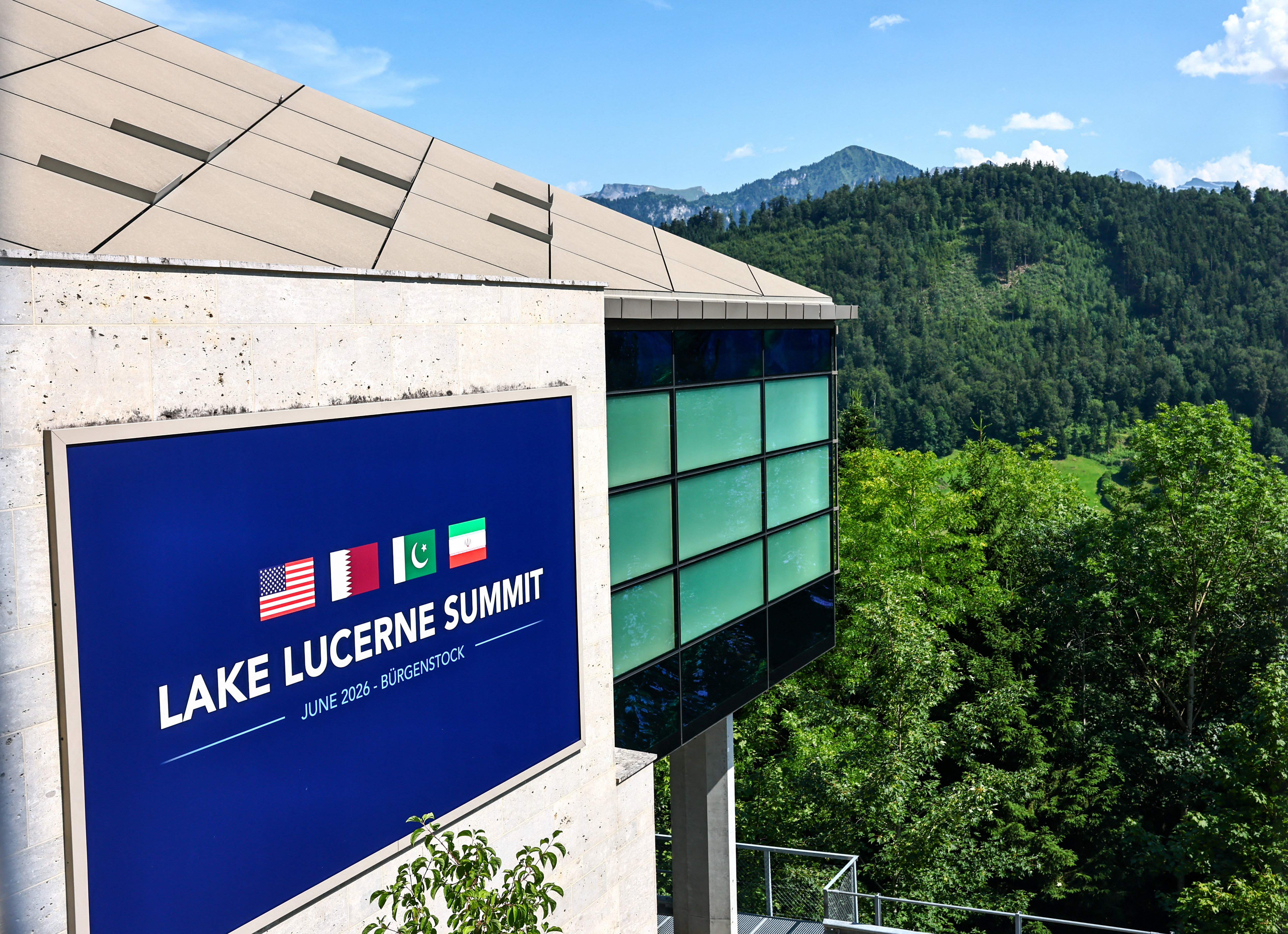 A poster for the Lake Lucerne Summit is displayed at the Buergenstock Resort, on the day of U.S.-Iran talks, in Stansstad, Switzerland, June 21, 2026. REUTERS/Denis Balibouse