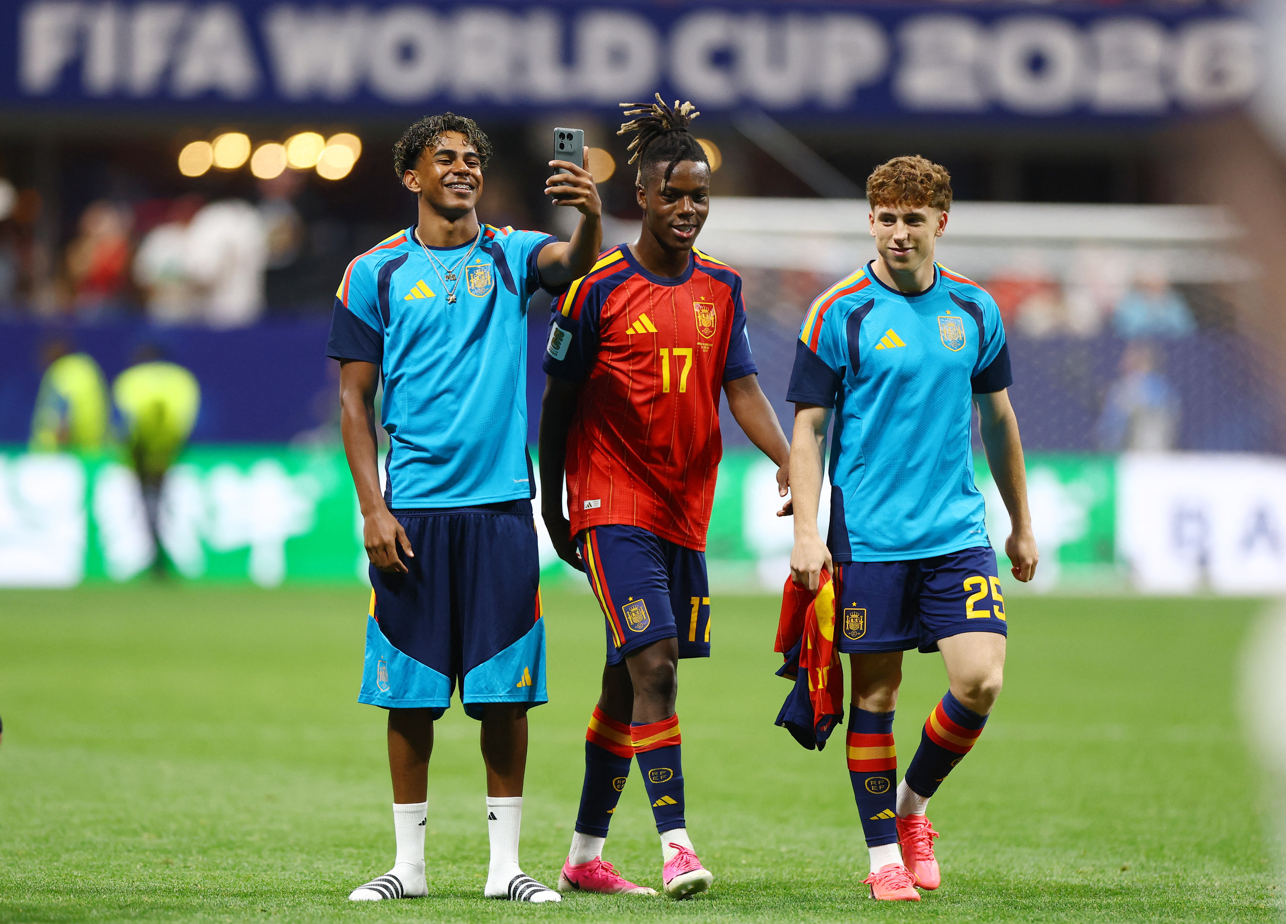 Spain’s Lamine Yamal, Nico Williams and Victor Munoz celebrate after the match against Saudi Arabia