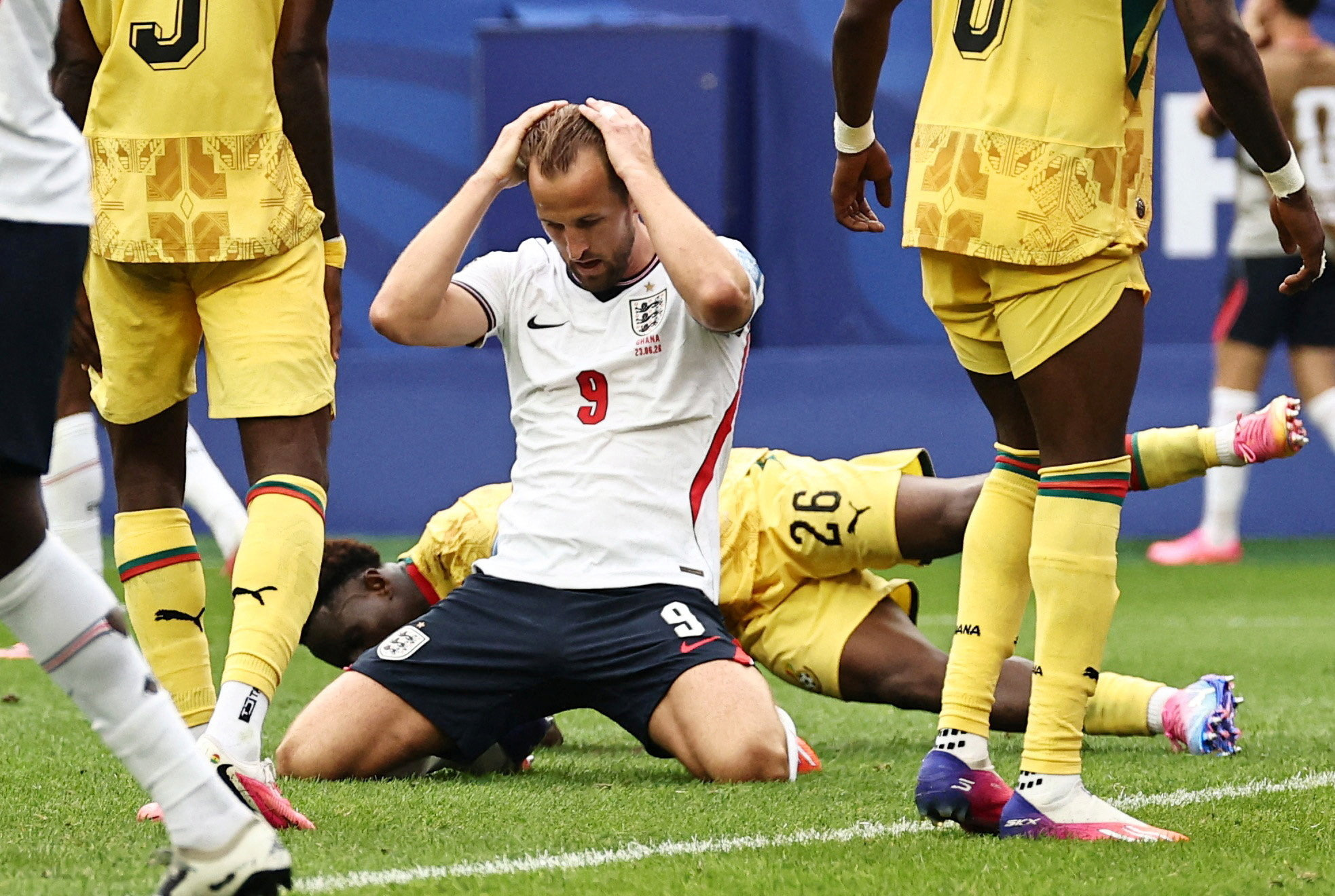 England's Harry Kane reacts after he misses a chance to score