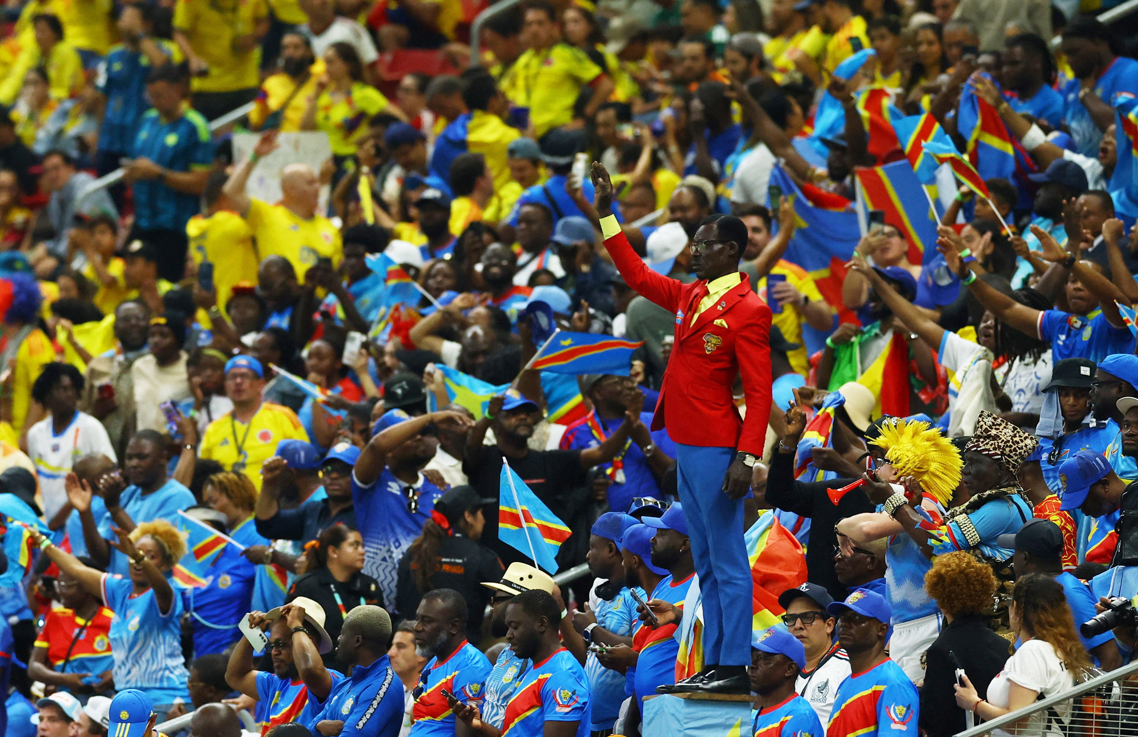 Soccer Football - FIFA World Cup 2026 - Group K - Colombia v DR Congo - Estadio Guadalajara, Guadalajara, Mexico - June 23, 2026 DR Congo fan Michel Nkuka Mboladinga, also known as Lumumba Vea in the stands during the match REUTERS/Daniel Becerril TPX IMAGES OF THE DAY