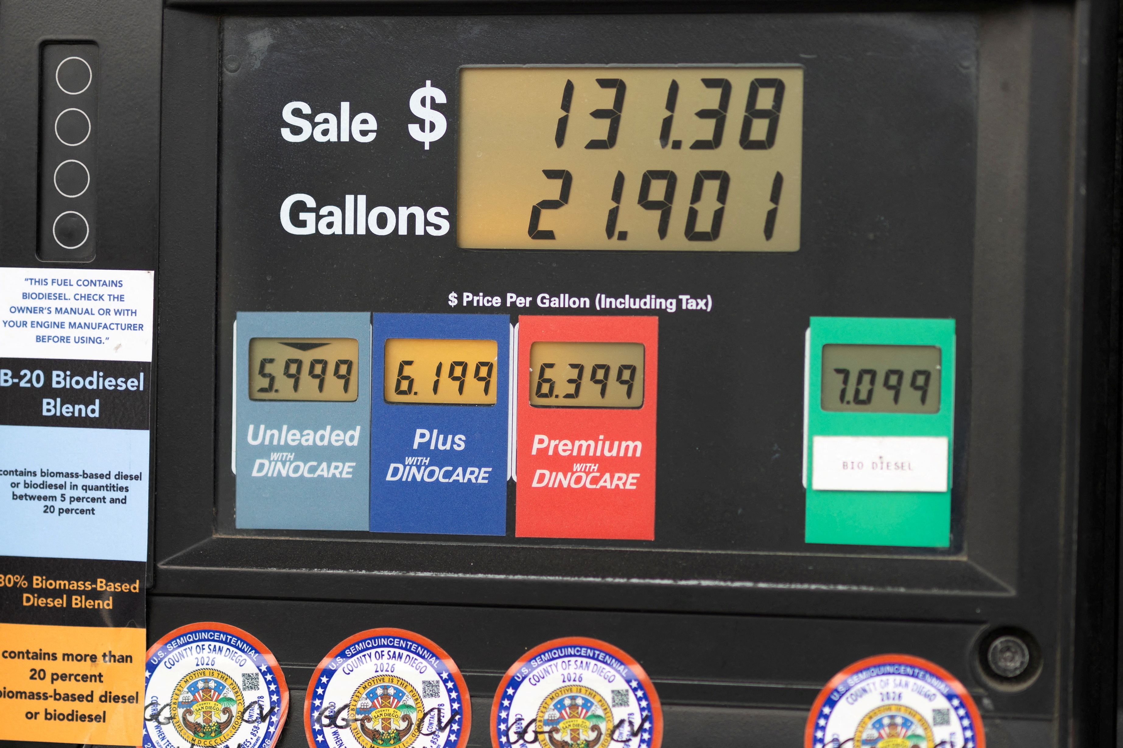Petrol prices displayed on a sign at a filling station in San Diego, California