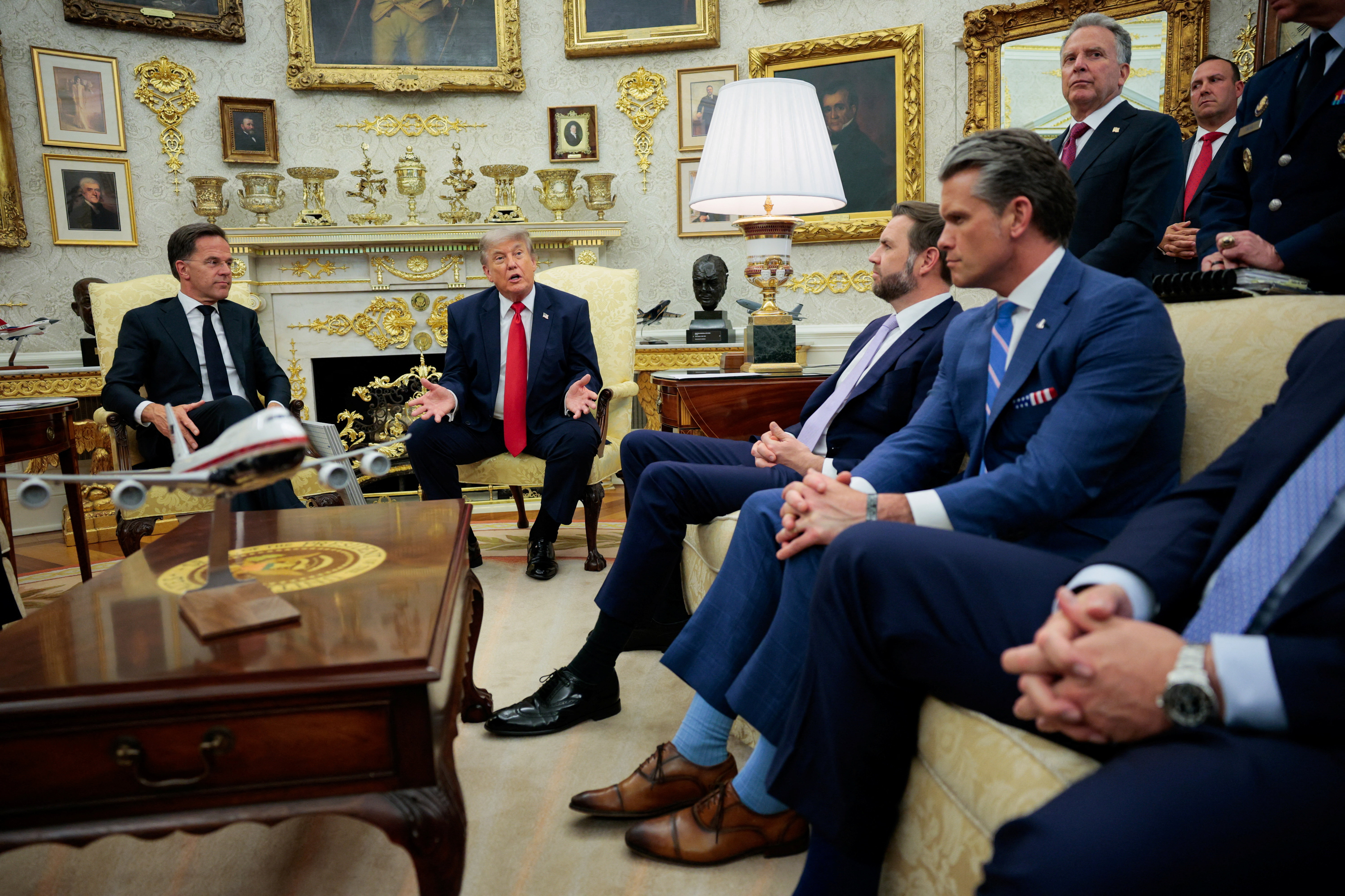 US President Donald Trump participates in a meeting with NATO Secretary General Mark Rutte, Vice President JD Vance and Secretary of Defense Pete Hegseth in the Oval Office at the White House in Washington, DC, on June 24, 2026