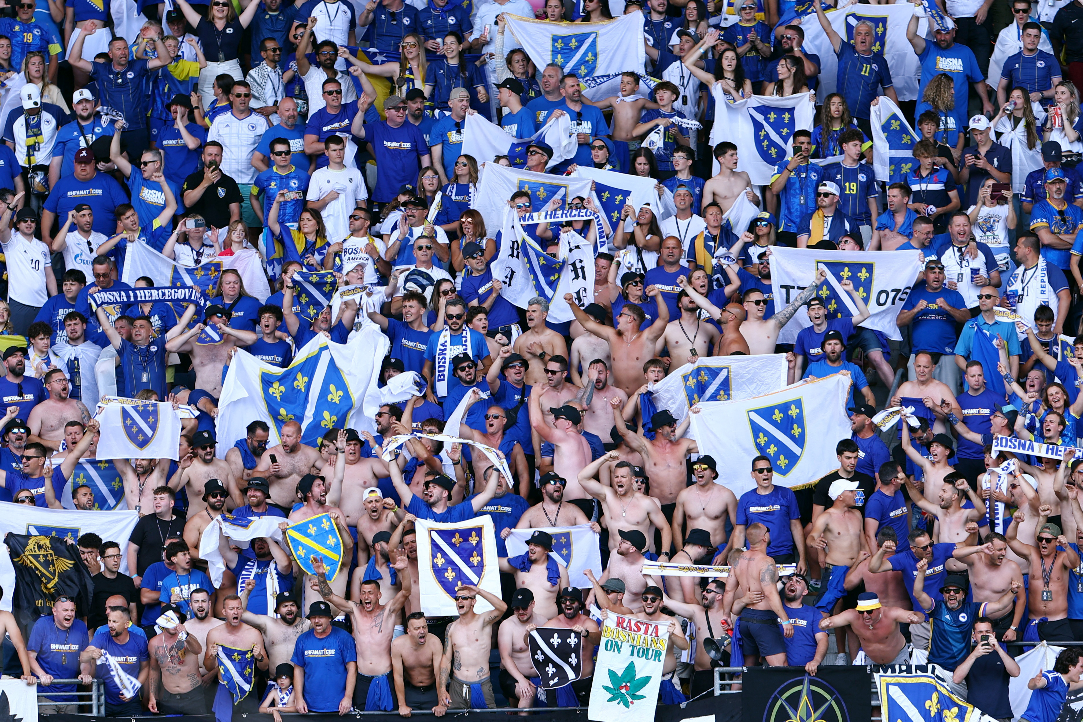 Soccer Football - FIFA World Cup 2026 - Group B - Bosnia and Herzegovina v Qatar - Seattle Stadium, Seattle, Washington, U.S. - June 24, 2026 Bosnia and Herzegovina fans react in the stands during the match REUTERS/Eloisa Lopez