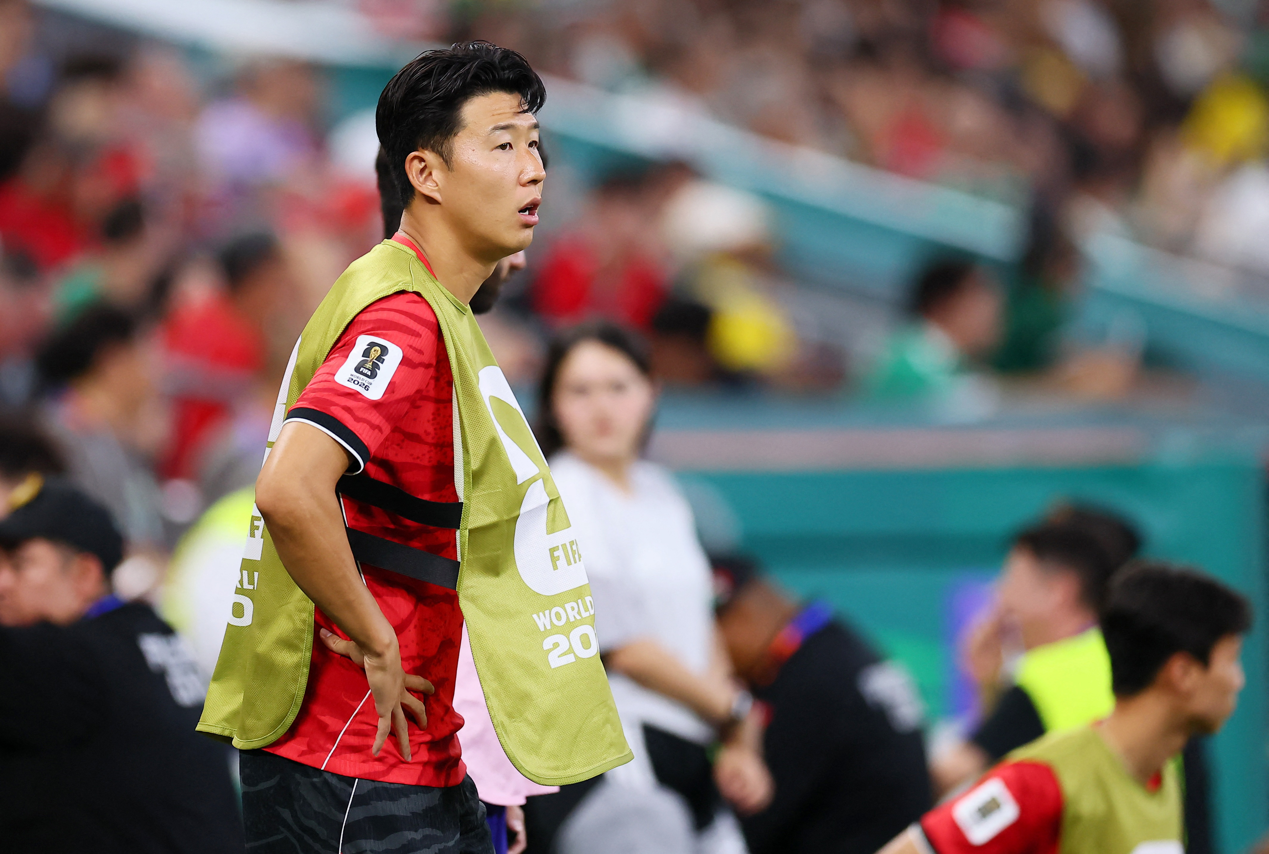 Soccer Football - FIFA World Cup 2026 - Group A - South Africa v South Korea - Estadio Monterrey, Monterrey, Mexico - June 24, 2026 South Korea's Son Heung-min warms up on the sidelines REUTERS/Eloisa Sanchez