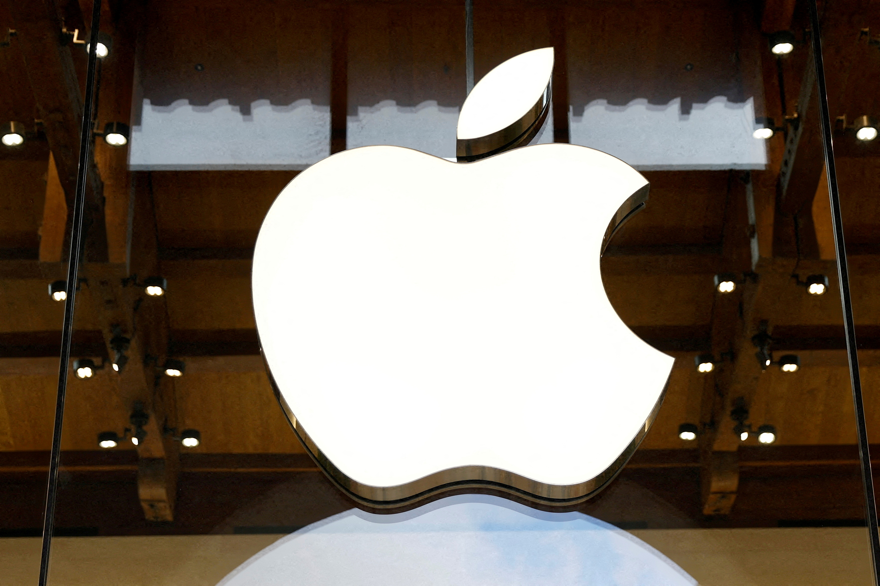 A view of an Apple logo at an Apple store in Paris, France, on April 23, 2025