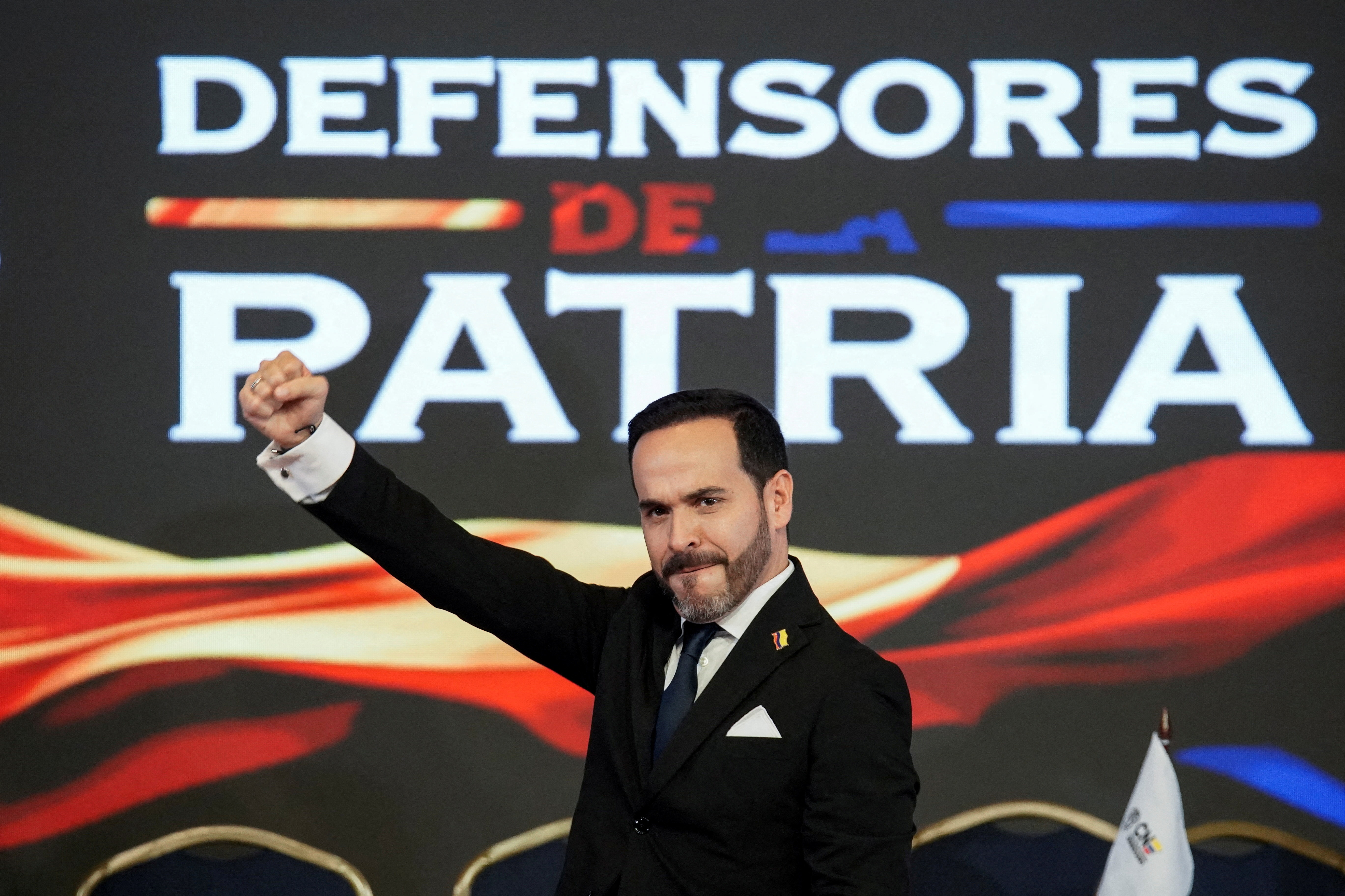 Colombia's President-elect Abelardo de la Espriella gestures after he received his credentials from Colombia's National Electoral Council's President Cristian Ricardo Quiroz Romero, in Bogota, Colombia, June 25, 2026