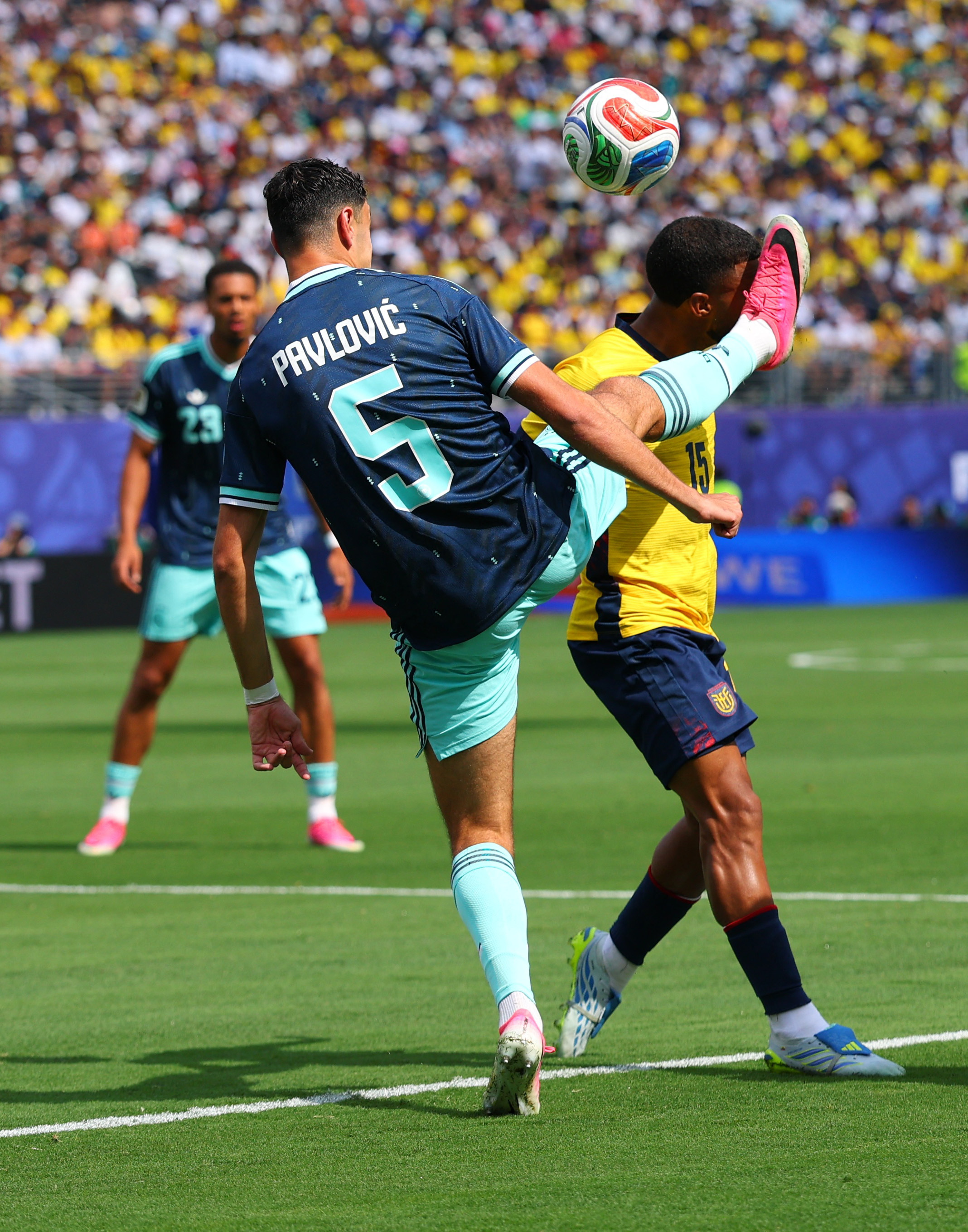 Soccer Football - FIFA World Cup 2026 - Group E - Ecuador v Germany - New York/New Jersey Stadium, East Rutherford, New Jersey, U.S. - June 25, 2026 Germany's Aleksandar Pavlovic in action with Ecuador's Pedro Vite REUTERS/Mike Segar