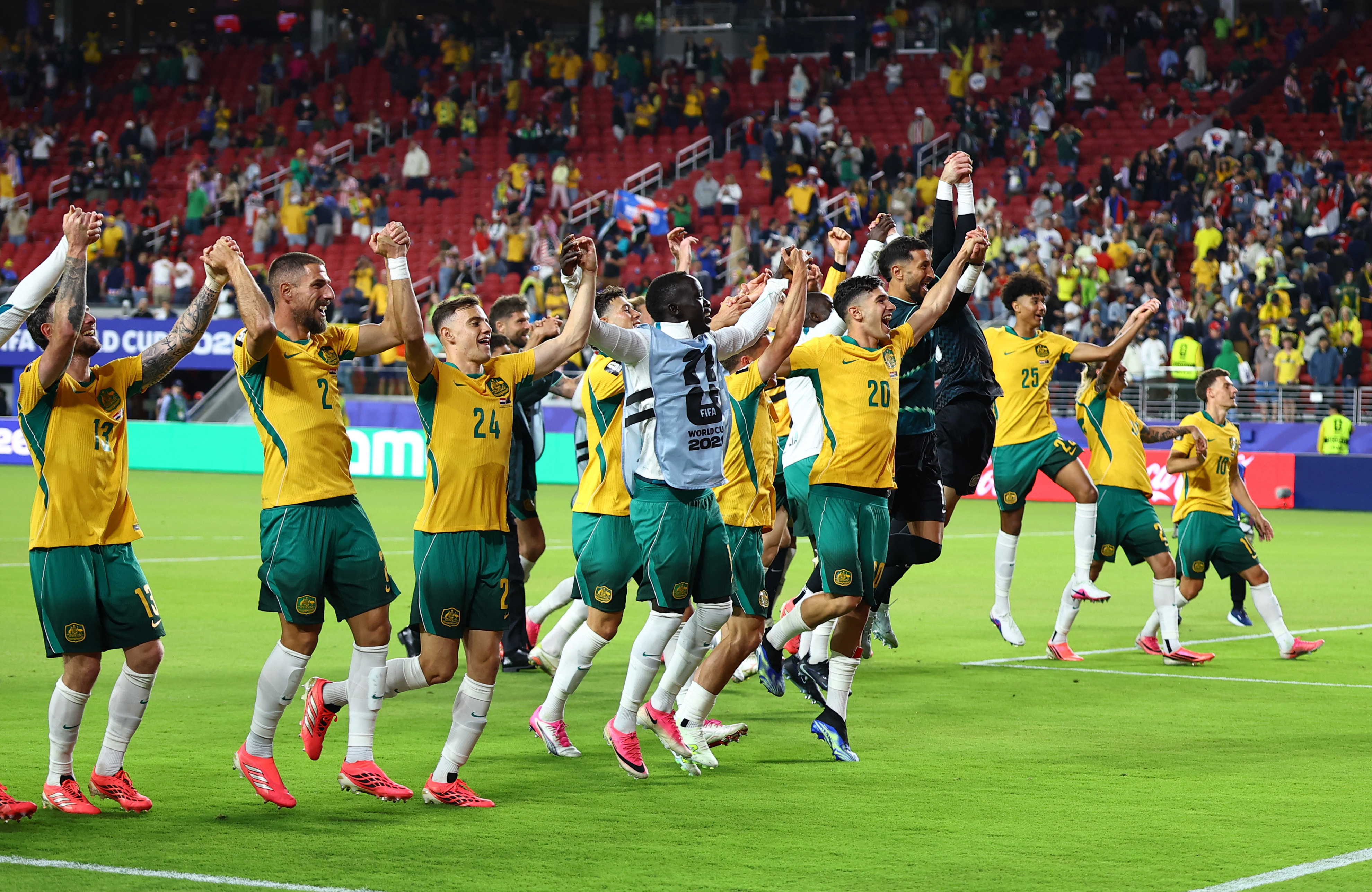 Soccer Football - FIFA World Cup 2026 - Group D - Paraguay v Australia - San Francisco Bay Area Stadium, Santa Clara, California, U.S. - June 25, 2026 Australia players celebrate after the match REUTERS/Carlos Barria