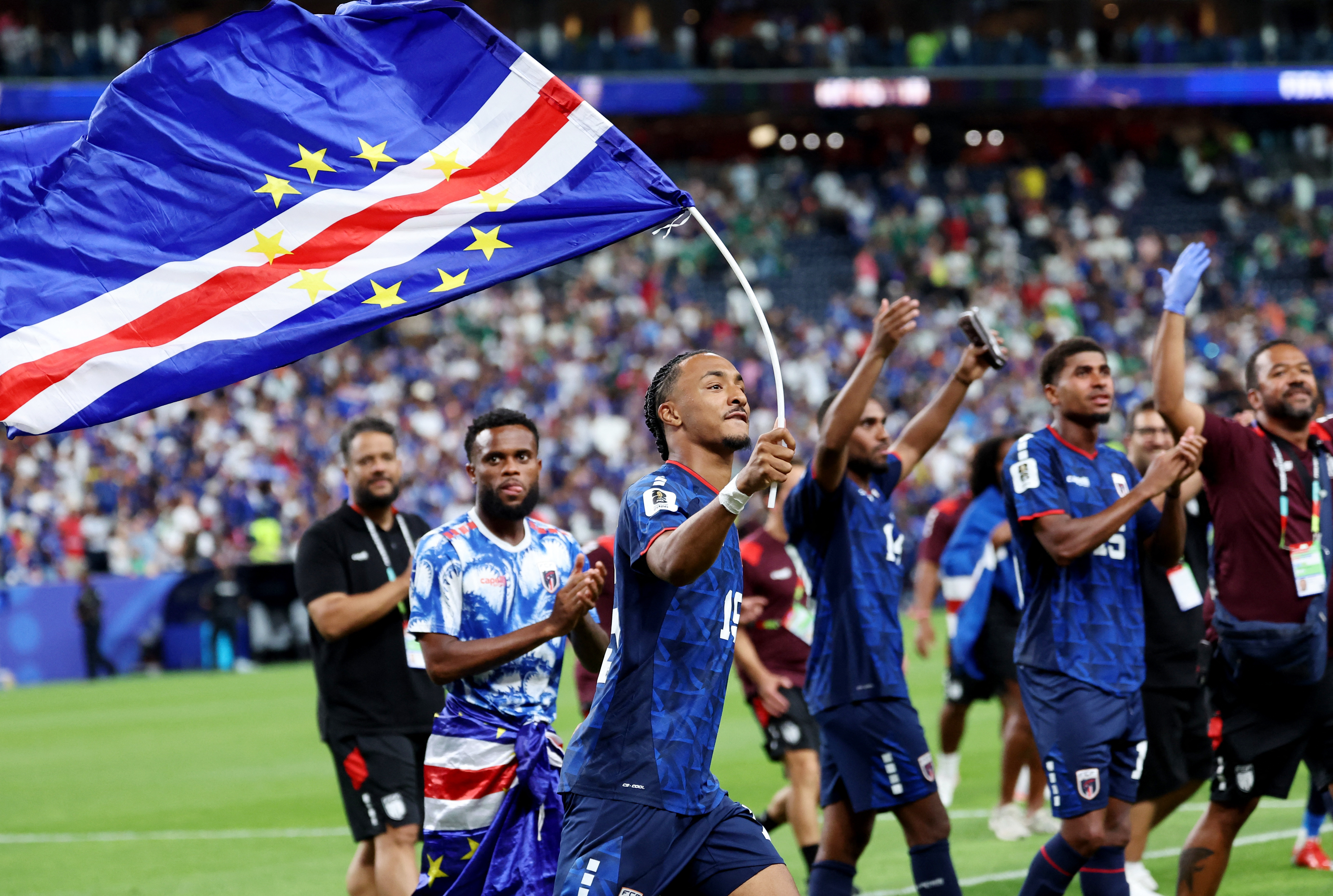 Soccer Football - FIFA World Cup 2026 - Group H - Cape Verde v Saudi Arabia - Houston Stadium, Houston, Texas, U.S. - June 26, 2026 Cape Verde's Dailon Livramento celebrates after the match as they qualify for the knockout stages of the World Cup IMAGN IMAGES via Reuters/Troy Taormina