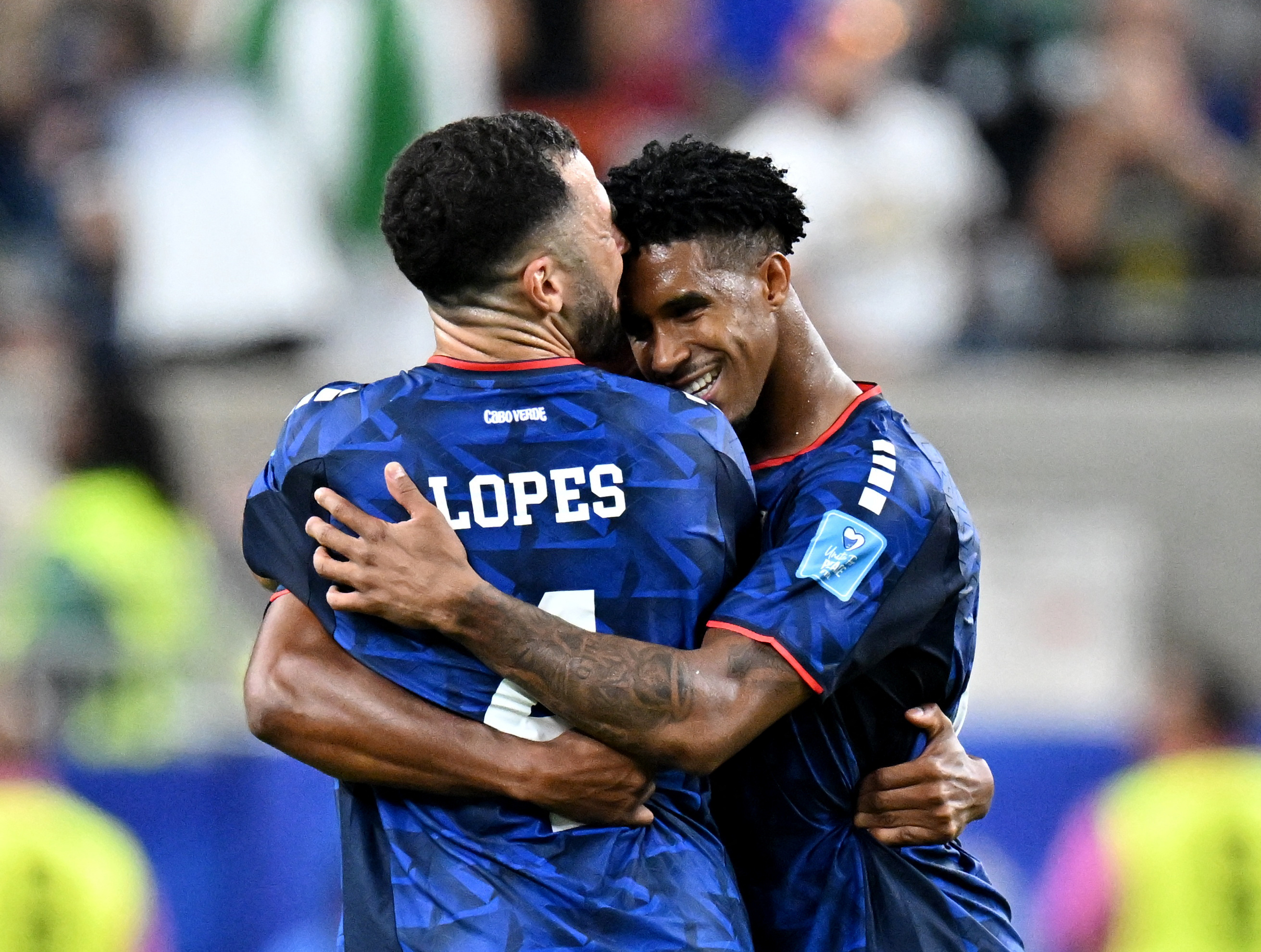 Soccer Football - FIFA World Cup 2026 - Group H - Cape Verde v Saudi Arabia - Houston Stadium, Houston, Texas, U.S. - June 26, 2026 Cape Verde players celebrate after the match as they qualify for the knockout stages of the World Cup IMAGN IMAGES via Reuters/Maria Lysaker