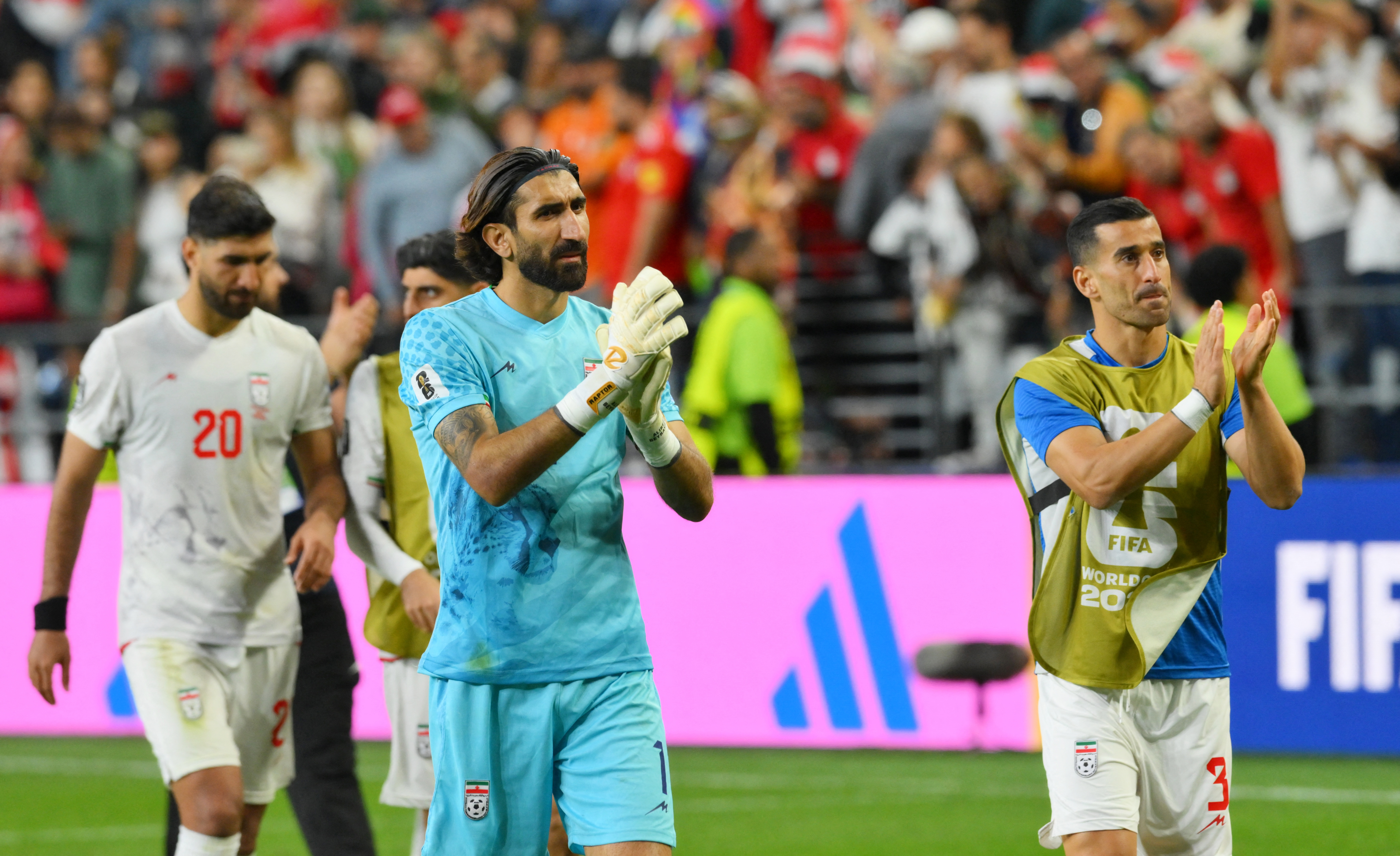 Soccer Football - FIFA World Cup 2026 - Group G - Egypt v Iran - Seattle Stadium, Seattle, Washington, U.S. - June 26, 2026 Iran's Alireza Beiranvand and Ehsan Hajsafi applaud fans after the match IMAGN IMAGES via Reuters/Steven Bisig
