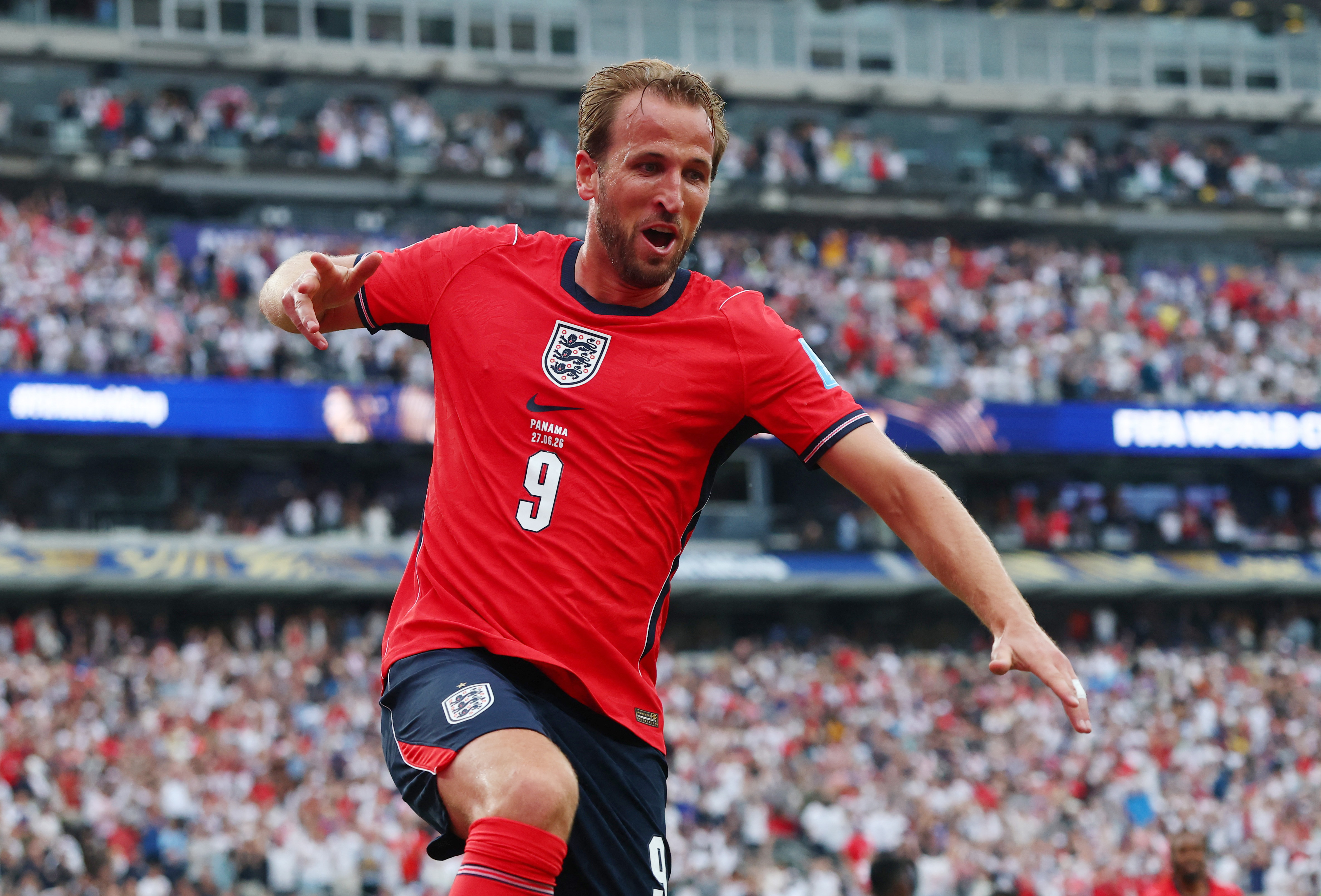 Soccer Football - FIFA World Cup 2026 - Group L - Panama v England - New York/New Jersey Stadium, East Rutherford, New Jersey, U.S. - June 27, 2026 England's Harry Kane celebrates scoring their second goal IMAGN IMAGES via Reuters/Vincent Carchietta
