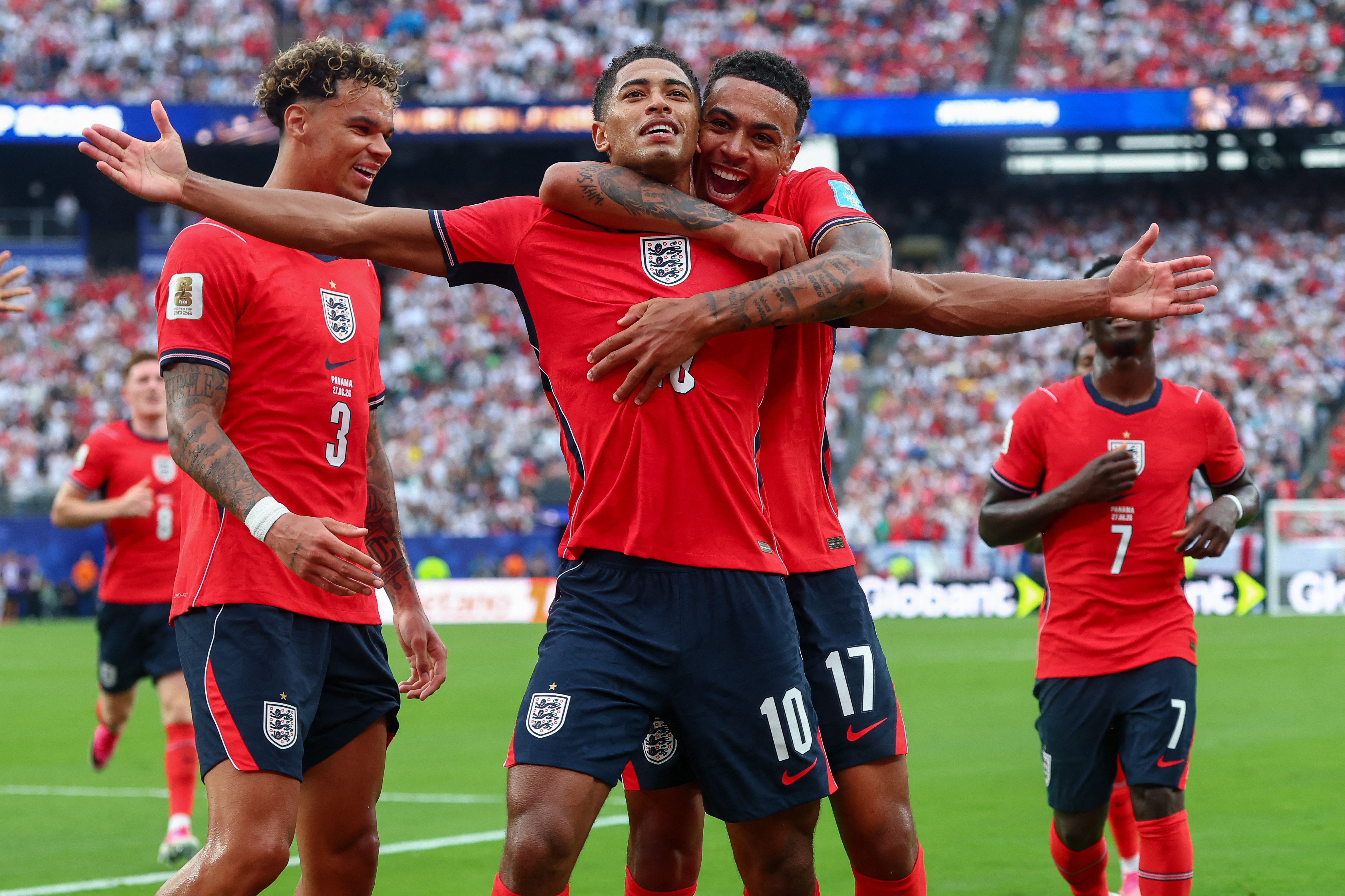 Jun 27, 2026; East Rutherford, New Jersey, USA; England midfielder Jude Bellingham (10) celebrates with teammates after scoring his teams first goal of the match in Group L play of the 2026 FIFA World Cup against Panama at New York New Jersey Stadium. Mandatory Credit: Vincent Carchietta-Imagn Images