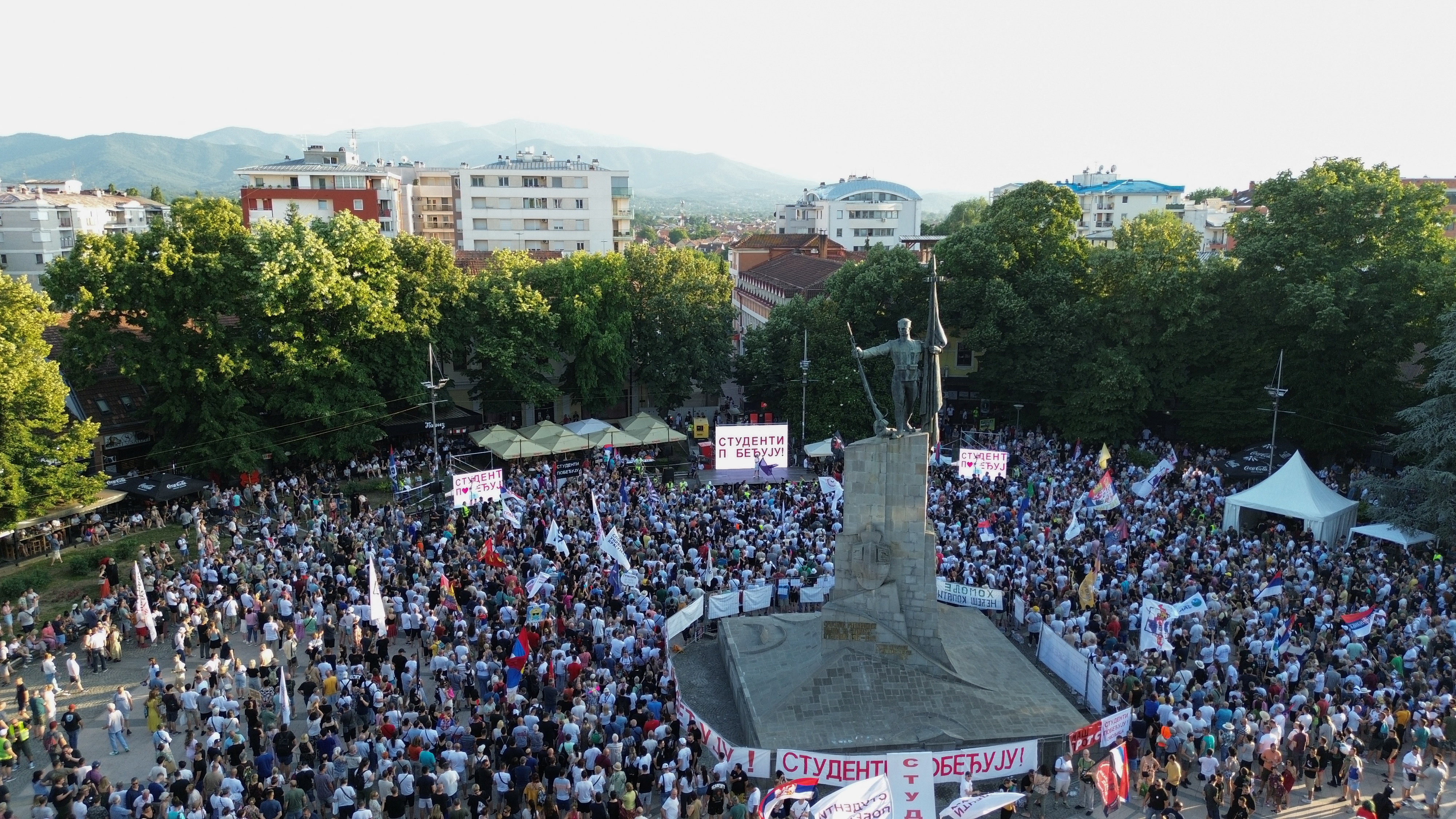 Protesters massing in Kraljevo the day after President Aleksandar Vučić said he would resign, June 28, 2026