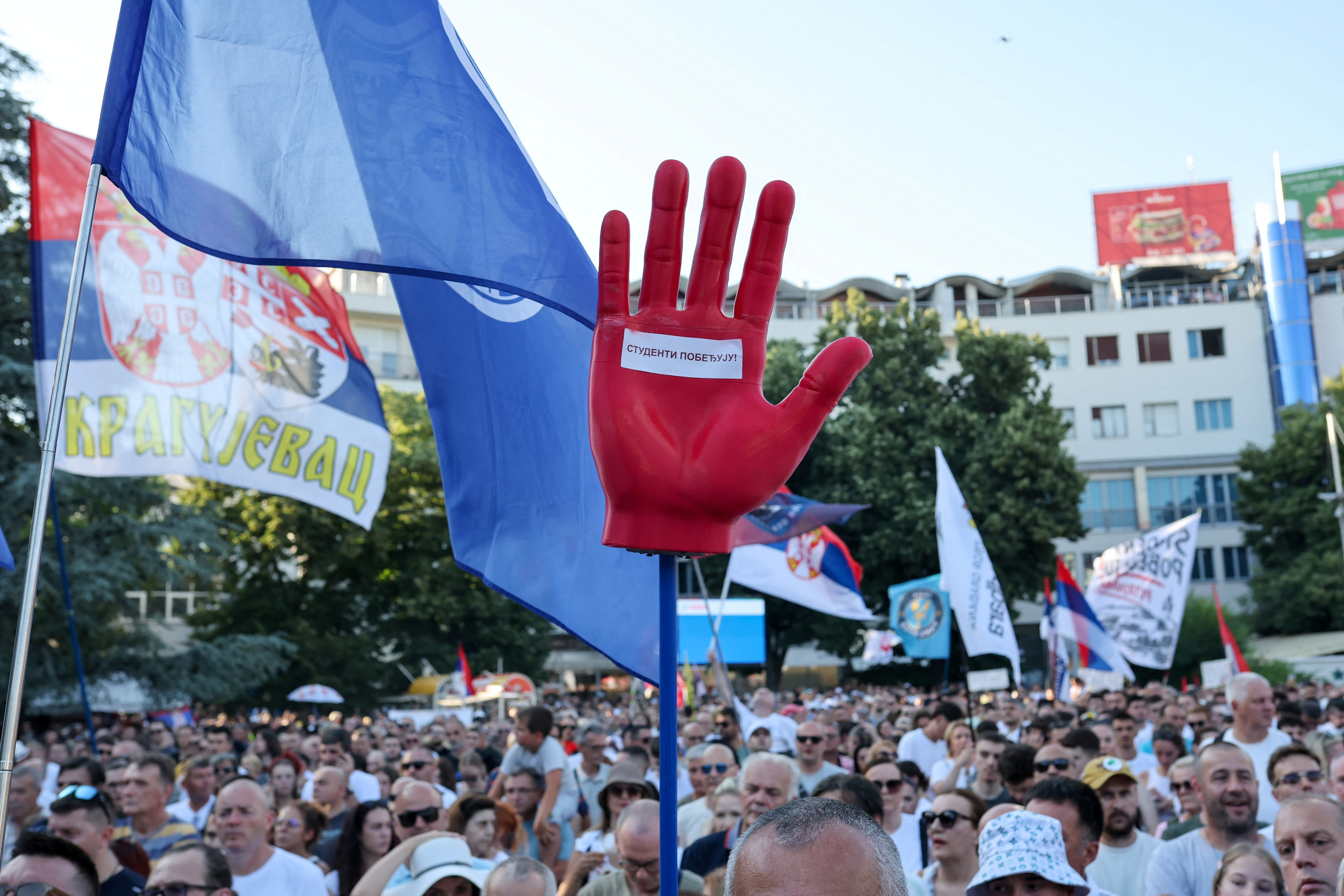 People take part in a protest, as part of a nationwide anti-government movement triggered by the deadly collapse of the Novi Sad railway station canopy in November 2024, following Serbian President Aleksandar Vucic's resignation announcement, in Kraljevo, Serbia, June 28, 2026. REUTERS/Djordje Kojadinovic
