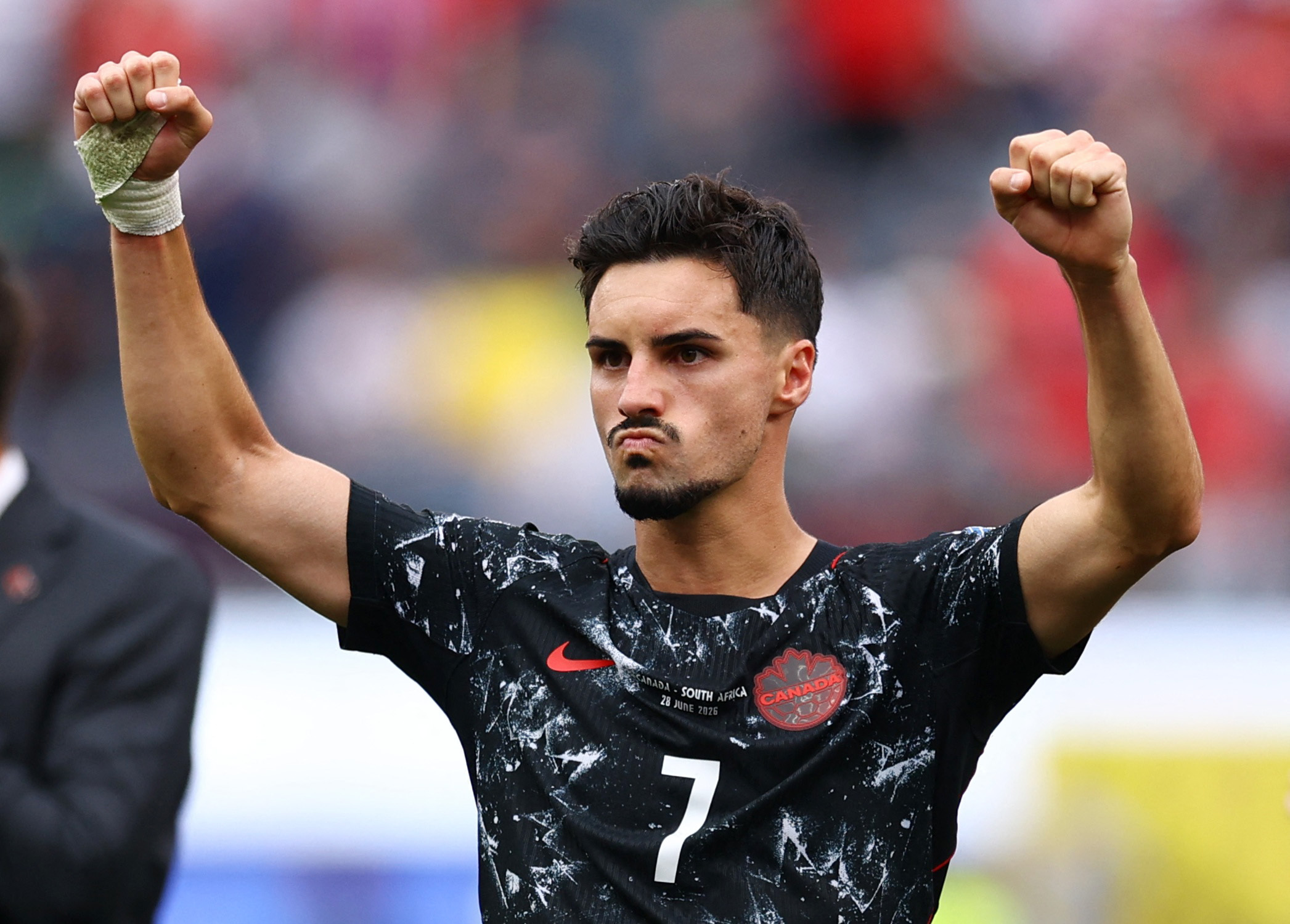 Soccer Football - FIFA World Cup 2026 - Round of 32 - South Africa v Canada - Los Angeles Stadium, Inglewood, California, U.S. - June 28, 2026 Canada's Stephen Eustaquio celebrates after the match as Canada qualify for the round of 16 stage of the World Cup REUTERS/Matthew Childs