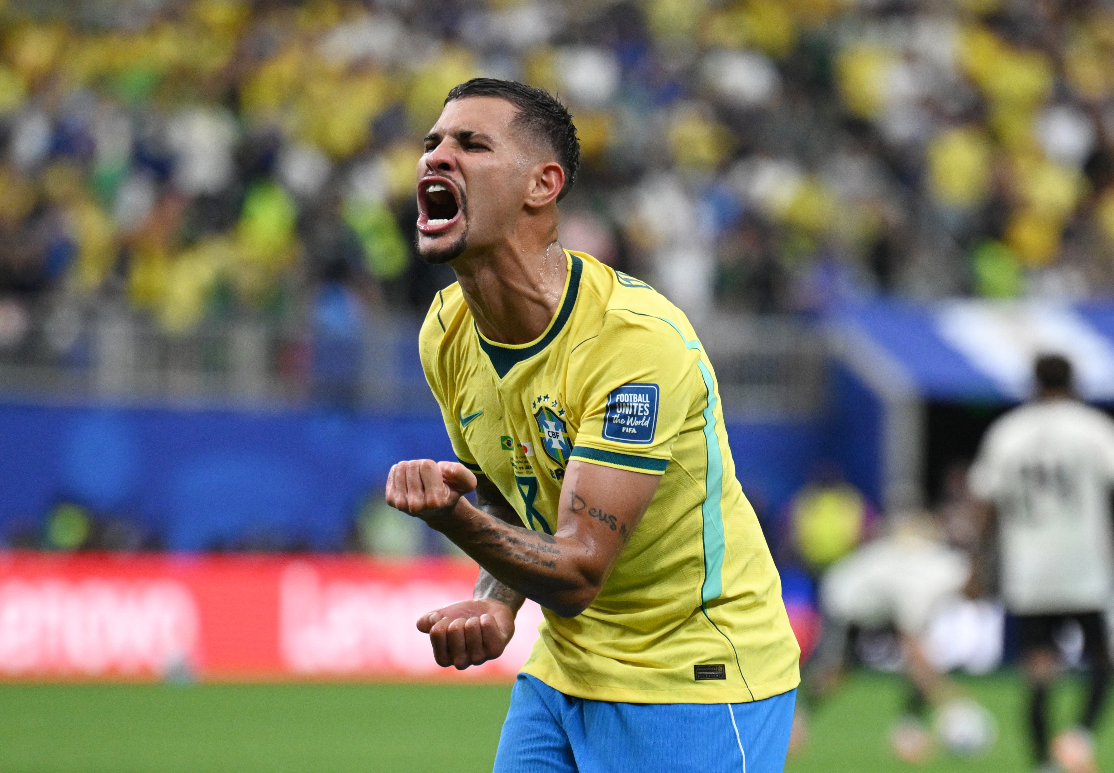 Soccer Football - FIFA World Cup 2026 - Round of 32 - Brazil v Japan - Houston Stadium, Houston, Texas, U.S. - June 29, 2026 Brazil's Bruno Guimaraes celebrates after Gabriel Martinelli scores their second goal REUTERS/Annegret Hilse