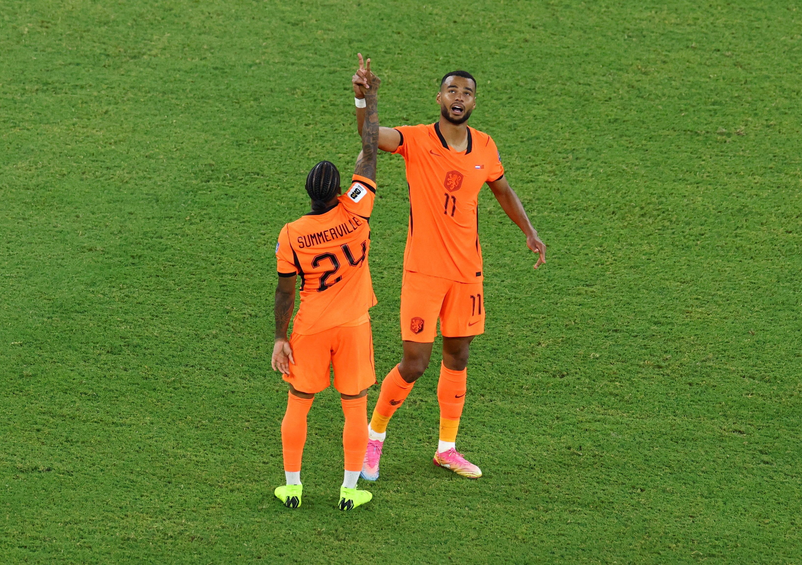 Soccer Football - FIFA World Cup 2026 - Round of 32 - Netherlands v Morocco - Estadio Monterrey, Monterrey, Mexico - June 29, 2026 Netherlands' Cody Gakpo celebrates scoring their first goal with Crysencio Summerville REUTERS/Raquel Cunha TPX IMAGES OF THE DAY