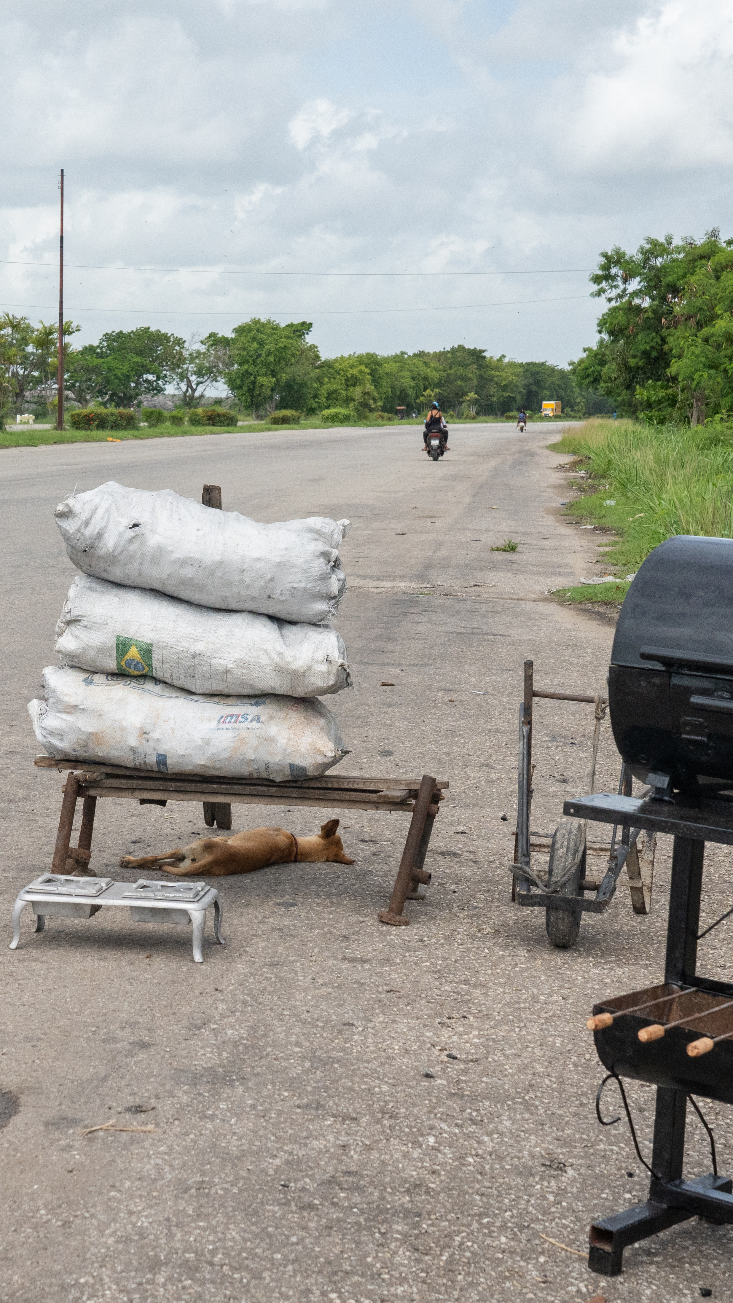 Bags of charcoal and charcoal stoves are displayed for sale along a roadside in Cotorro, on the outskirts of Havana. [Lucien Migne/Al Jazeera]
