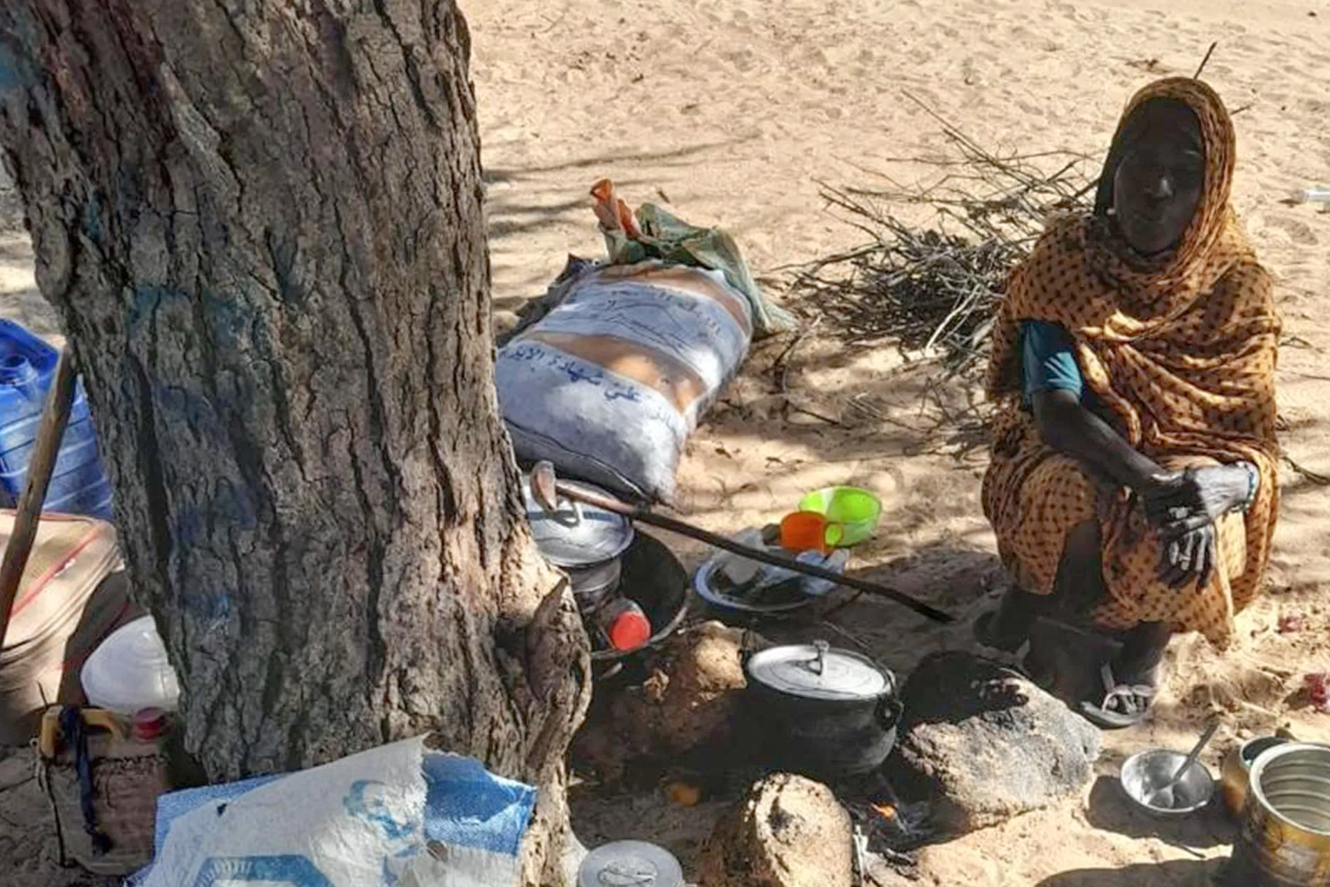 Seeking refuge from the searing heat, a Darfuri woman rests in the sparse shade near the Tine camp in eastern Chad after fleeing the RSF offensive.
