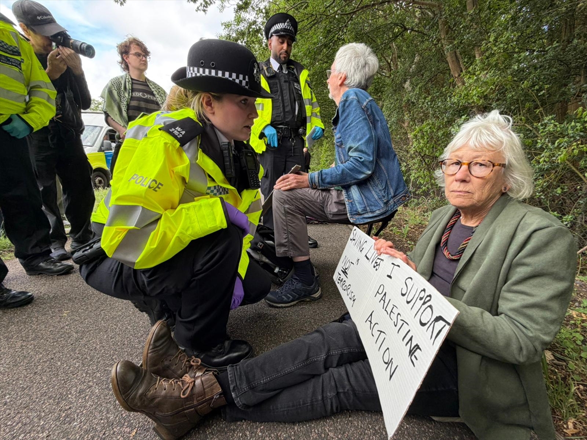Security forces take measures as protesters gather outside Woolwich Crown Court to show support for a group known as the “Filton 24,” whose trial is ongoing over a protest at an Israeli defense company’s facility in Bristol in 2024 in London, United Kingdom on June 12, 2026. Four activists linked to Palestine Action will appear for sentencing after being found guilty of criminal damage, violent disorder and grievous bodily harm with intent following an incident at an Elbit Systems facility in Filton, Bristol. Photojournalist:Aysu Biçer