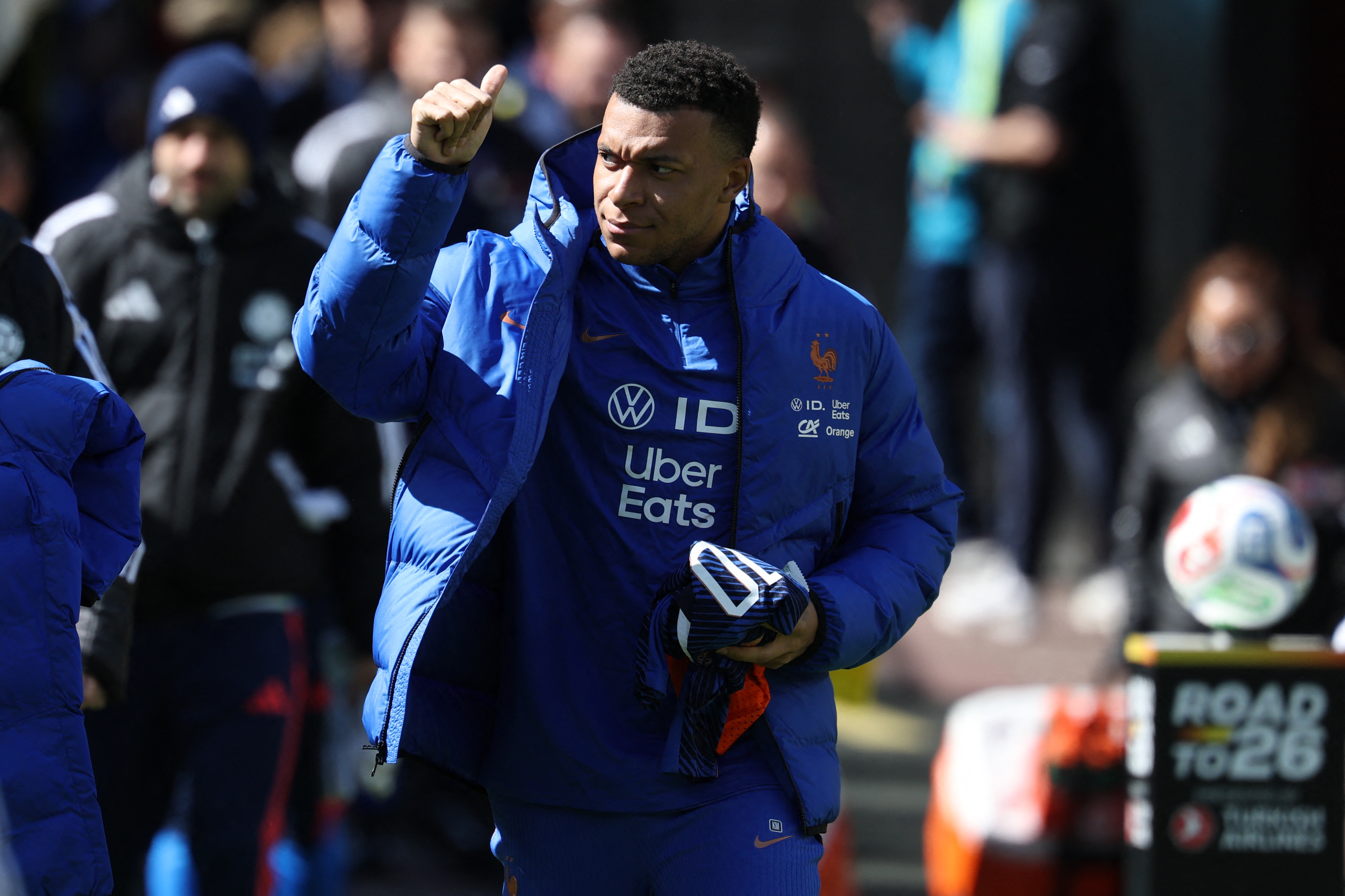 Kylian Mbappe reacts.