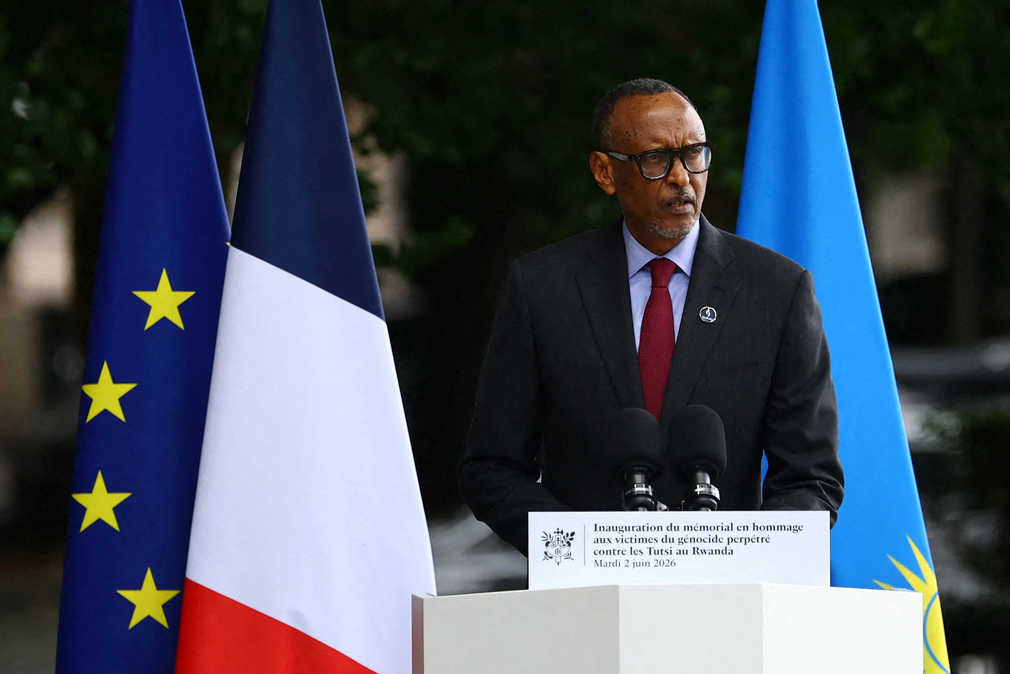 Rwanda's President Paul Kagame delivers his speech during the inauguration of a new memorial, honouring victims of the Rwanda's genocide on the Habib-Bourguiba Esplanade along the Seine River in Paris, on June 2, 2026. (Photo by Sarah Meyssonnier / POOL / AFP)