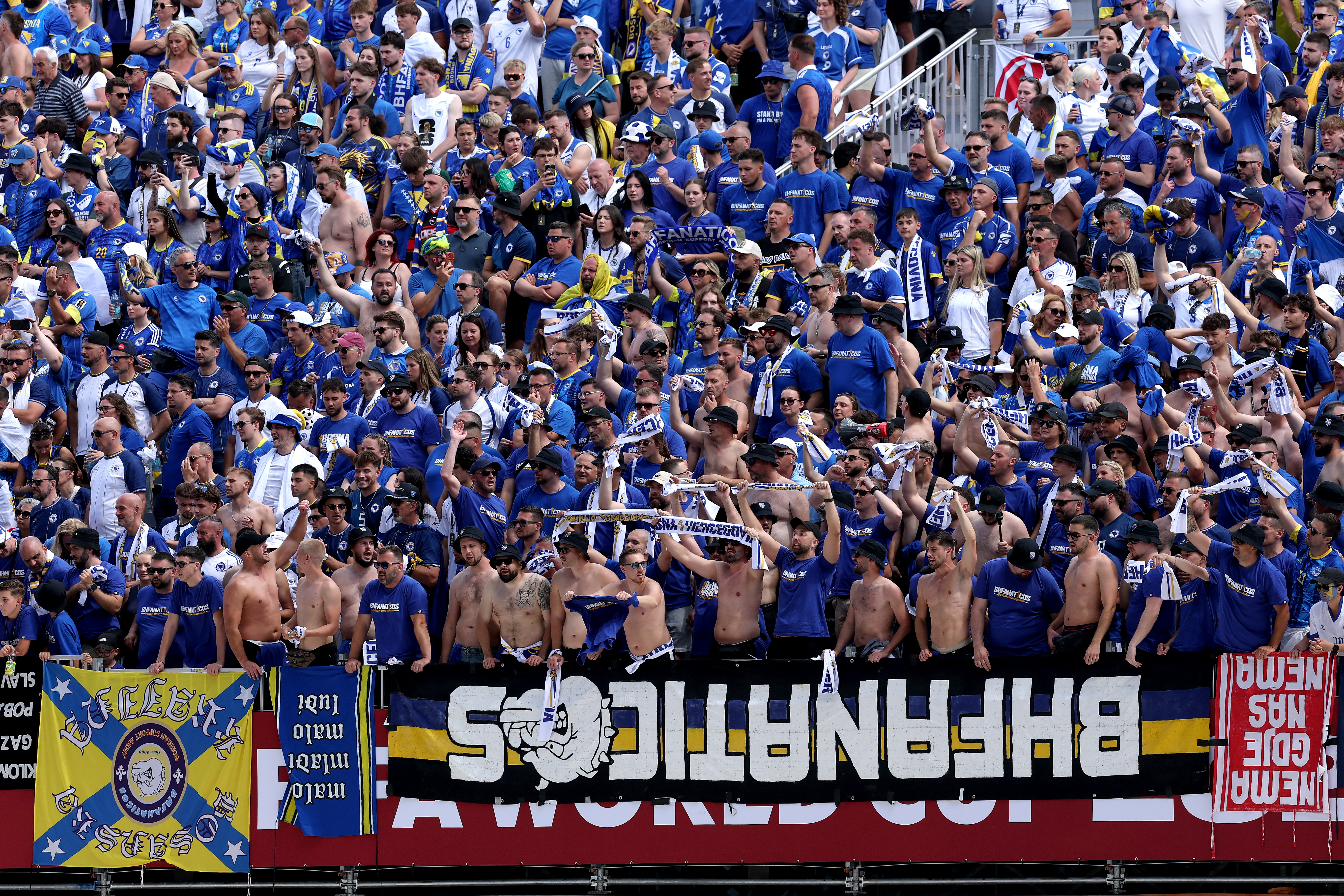 TORONTO, ONTARIO - JUNE 12: Bosnia and Herzegovina fans cheer in the stands during the FIFA World Cup 2026 Group B match between Canada and Bosnia and Herzegovina at Toronto Stadium on June 12, 2026 in Toronto, Ontario. Michael Steele/Getty Images/AFP (Photo by MICHAEL STEELE / GETTY IMAGES NORTH AMERICA / Getty Images via AFP)